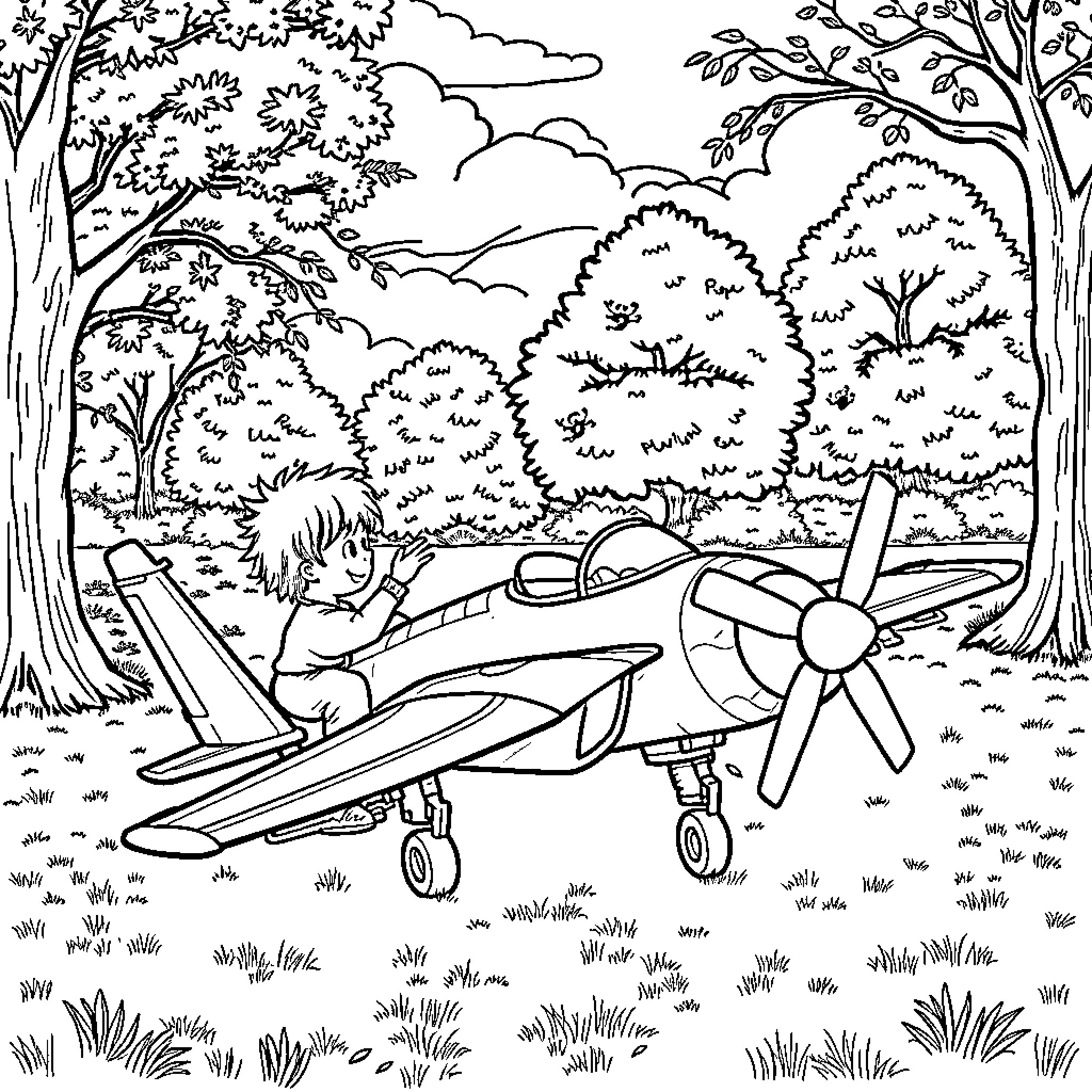 F18 Fighter Jet in the Forested Landscape Coloring Page (free black-and-white line drawing printable PDF for all, from beginners to advanced learners, including children, teens, adults, and seniors)
