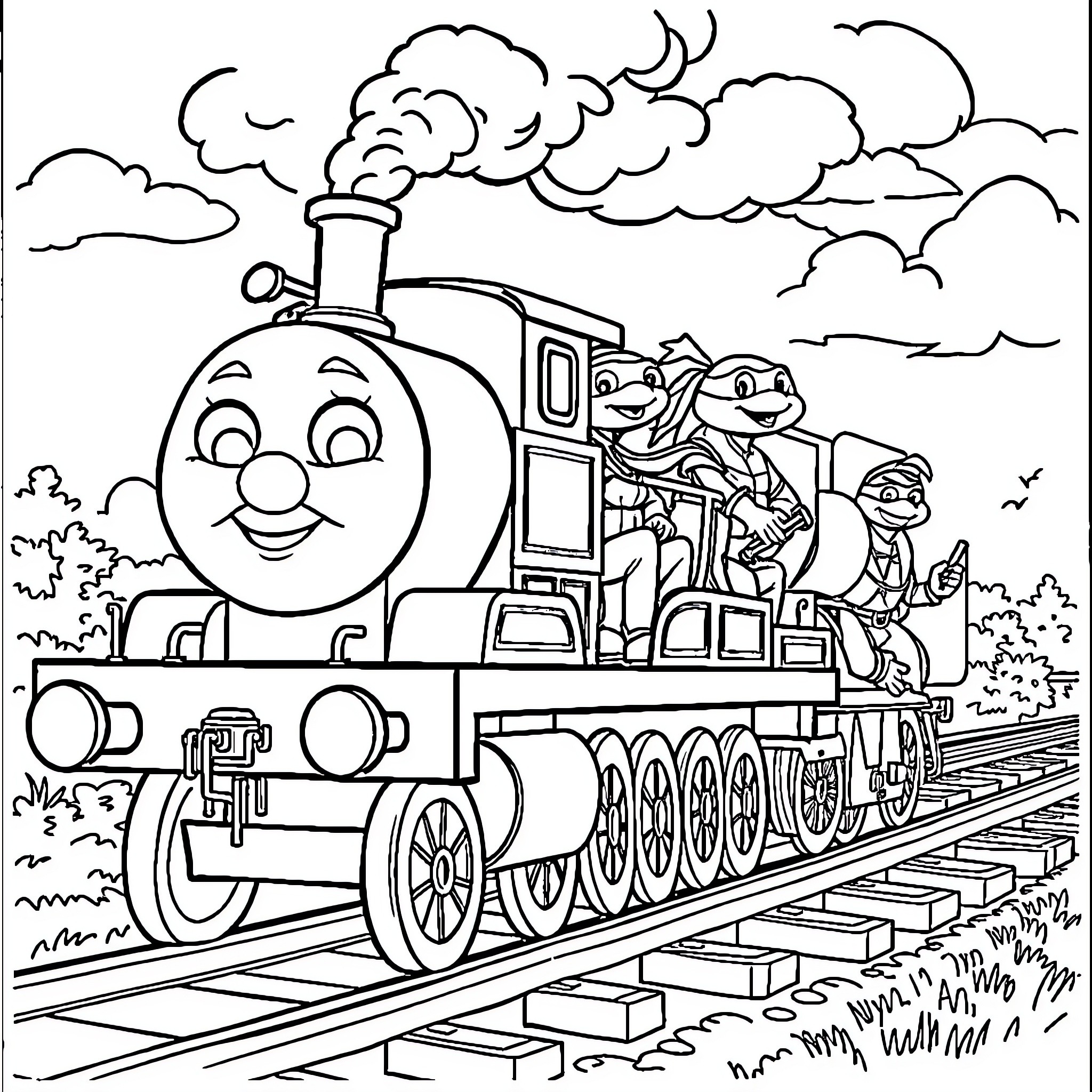 Ninja Turtle friends riding a happy train Coloring Page (free black-and-white line drawing printable PDF for all, from beginners to advanced learners, including children, teens, adults, and seniors)