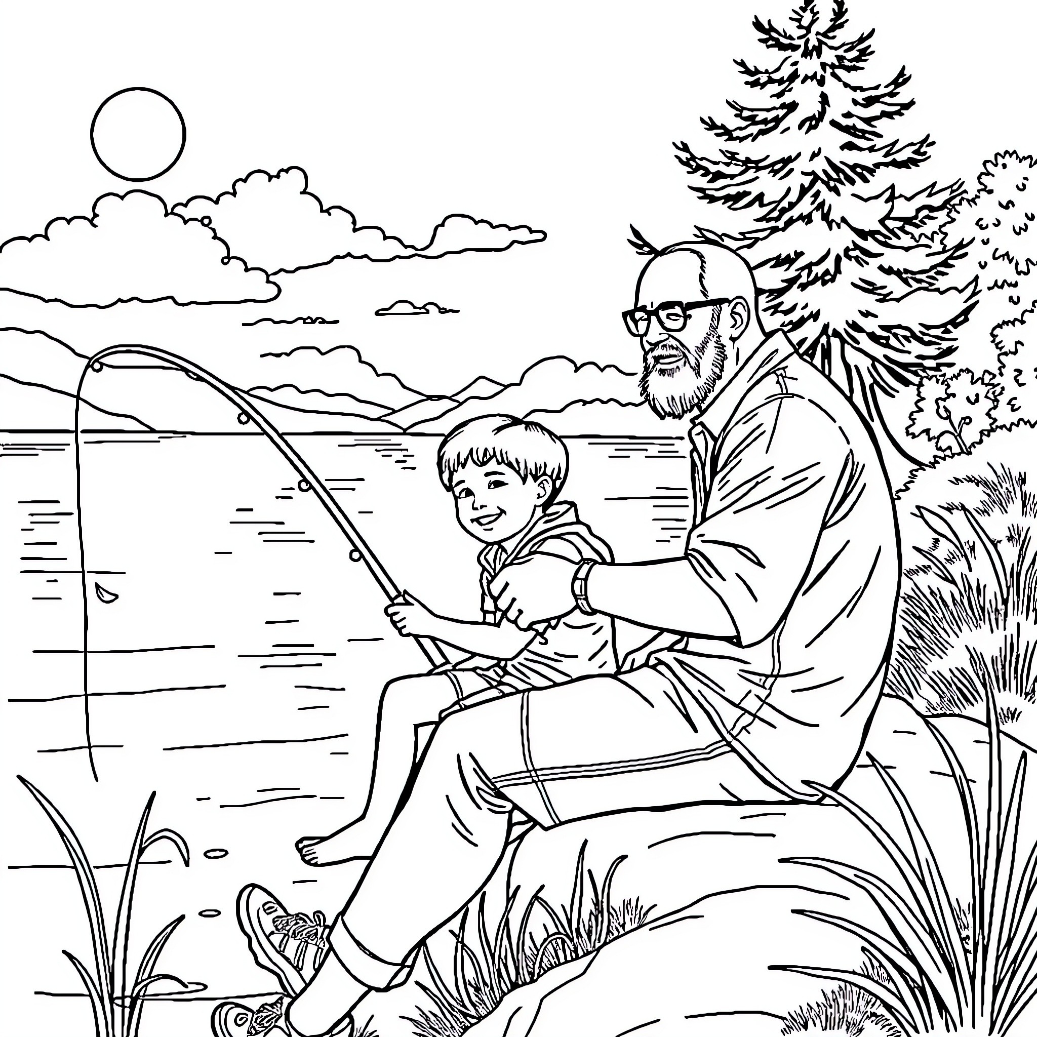 Dad and son fishing in the serene outdoors Coloring Page (free black-and-white line drawing printable PDF for all, from beginners to advanced learners, including children, teens, adults, and seniors)