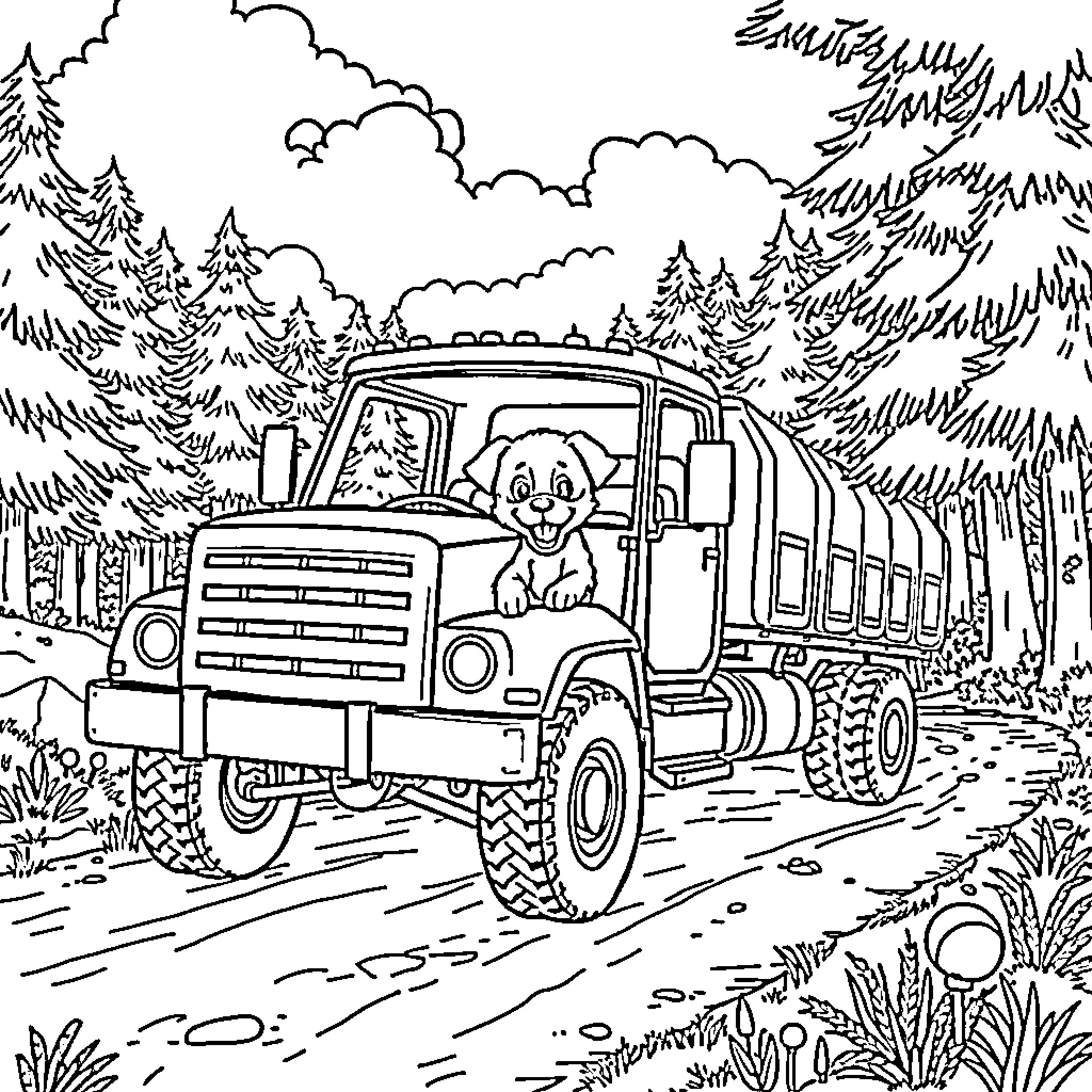 Puppy driving a big truck in the forest Coloring Page (free black-and-white line drawing printable PDF for all, from beginners to advanced learners, including children, teens, adults, and seniors)