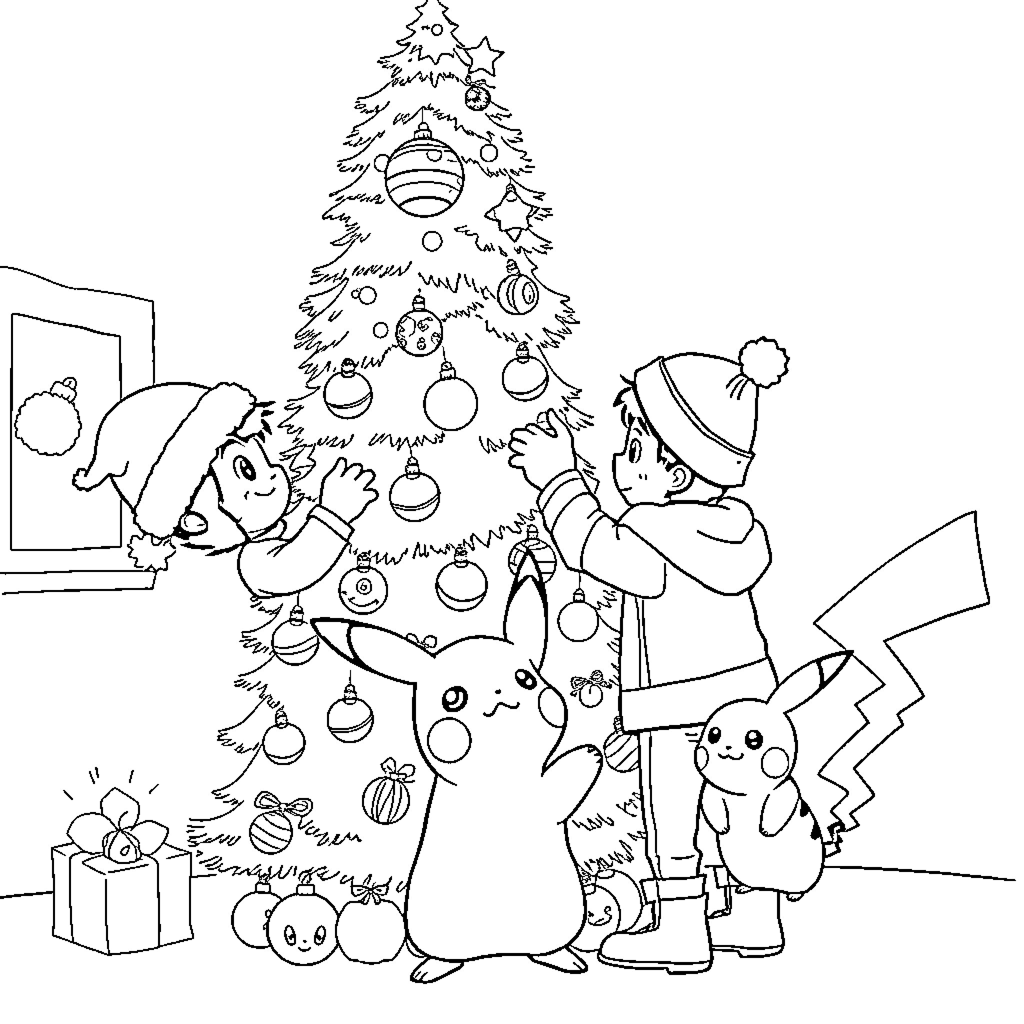 Christmas Tree Decorating with Cute Characters Coloring Page (free black-and-white line drawing printable PDF for all, from beginners to advanced learners, including children, teens, adults, and seniors)