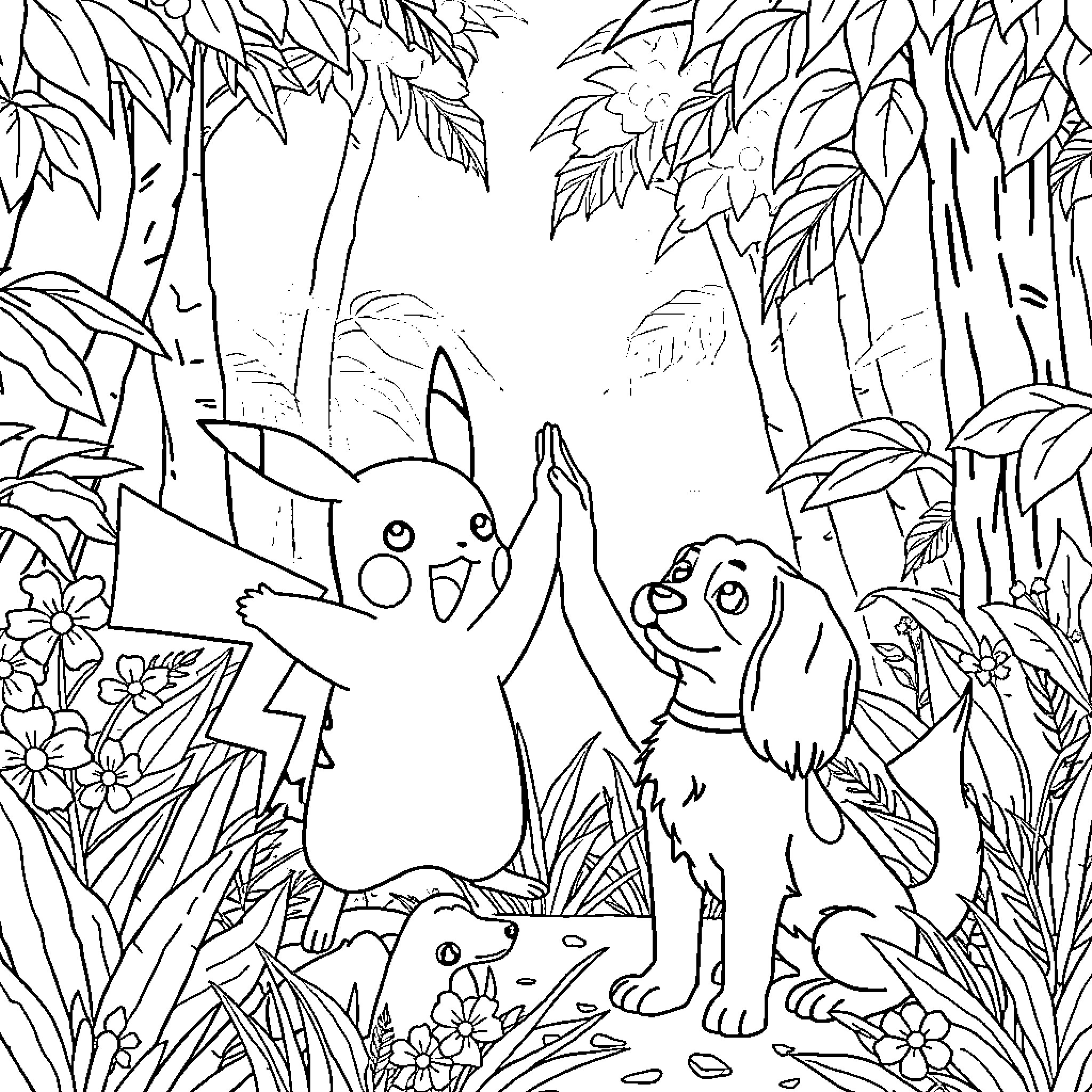 Pikachu and friends explore the forest Coloring Page (free black-and-white line drawing printable PDF for all, from beginners to advanced learners, including children, teens, adults, and seniors)