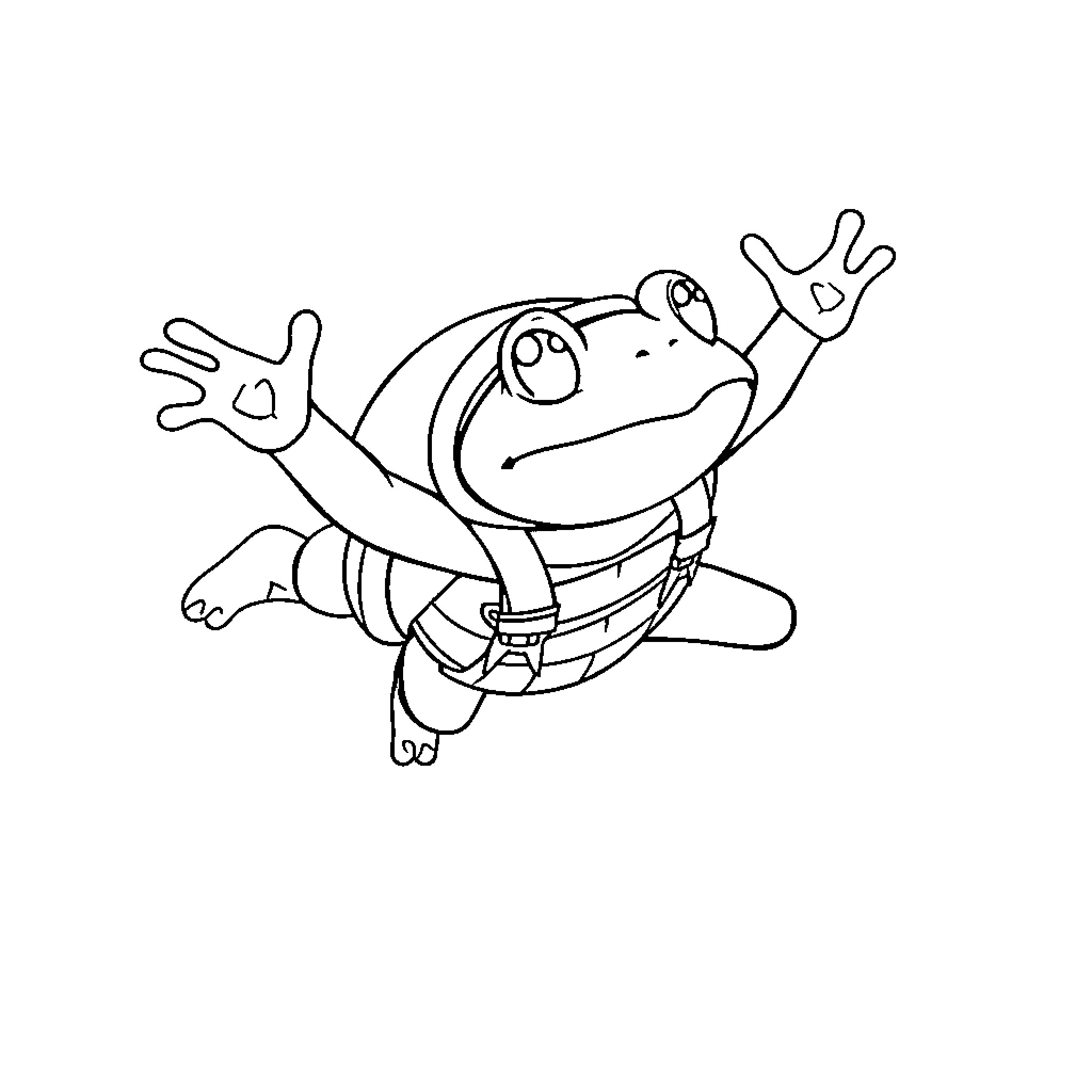 Frog floating in space with jetpack Coloring Page (free black-and-white line drawing printable PDF for all, from beginners to advanced learners, including children, teens, adults, and seniors)