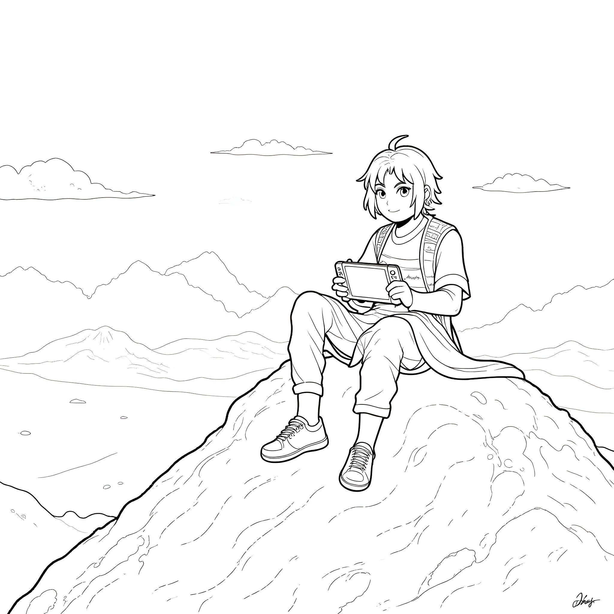 Sigma's Contemplative Escape in the Mountainous Landscape Coloring Page (free black-and-white line drawing printable PDF for all, from beginners to advanced learners, including children, teens, adults, and seniors)