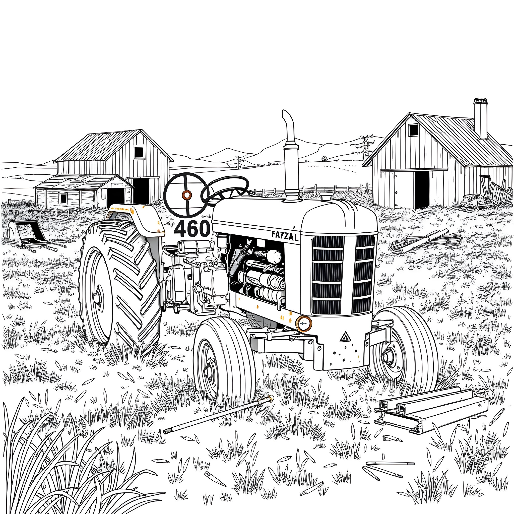 Tractor plowing the field on a rural farm Coloring Page (free black-and-white line drawing printable PDF for all, from beginners to advanced learners, including children, teens, adults, and seniors)