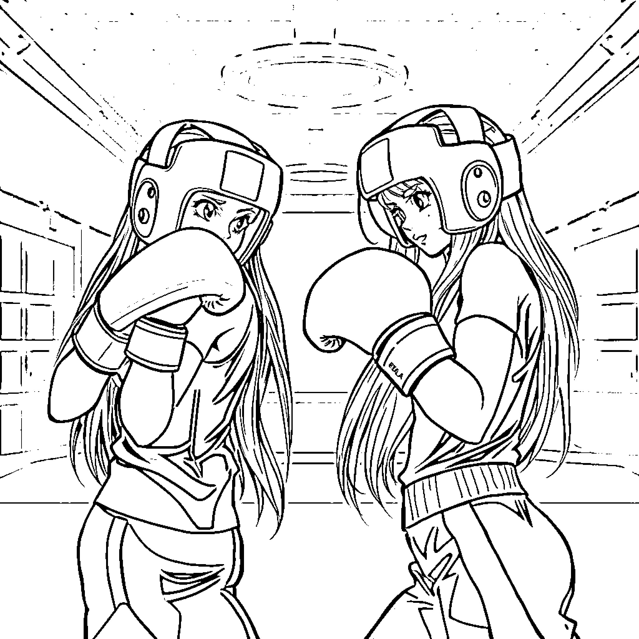Girls in boxing gloves fighting in ring Coloring Page (free black-and-white line drawing printable PDF for all, from beginners to advanced learners, including children, teens, adults, and seniors)