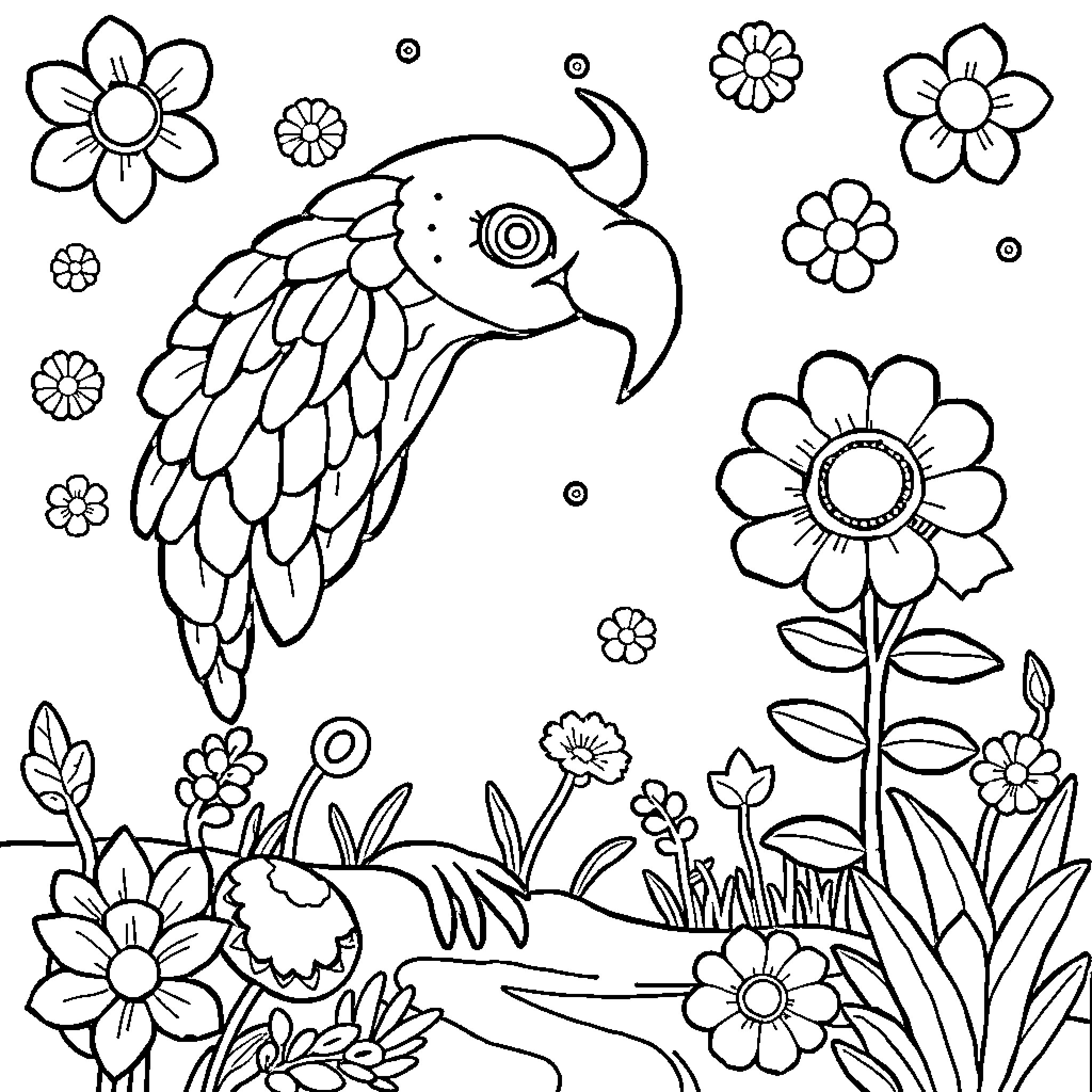 Curious Kids Explore Whimsical Floral World Coloring Page (free black-and-white line drawing printable PDF for all, from beginners to advanced learners, including children, teens, adults, and seniors)