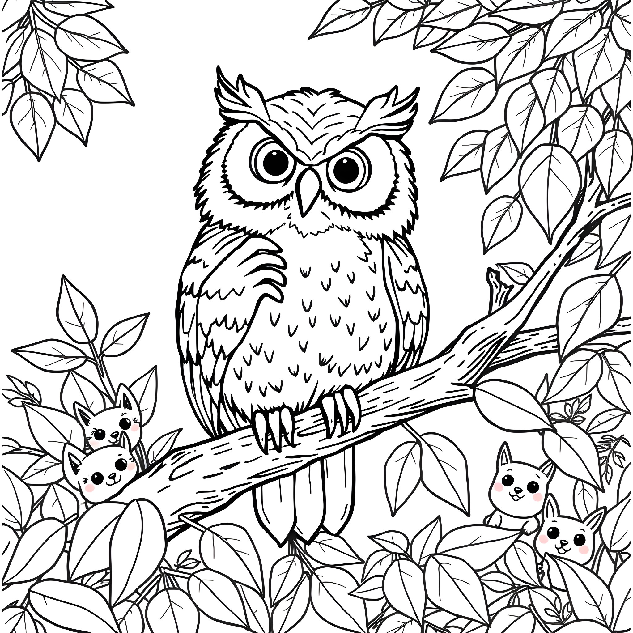 Owl perched on branch in natural forest scene Coloring Page (free black-and-white line drawing printable PDF for all, from beginners to advanced learners, including children, teens, adults, and seniors)