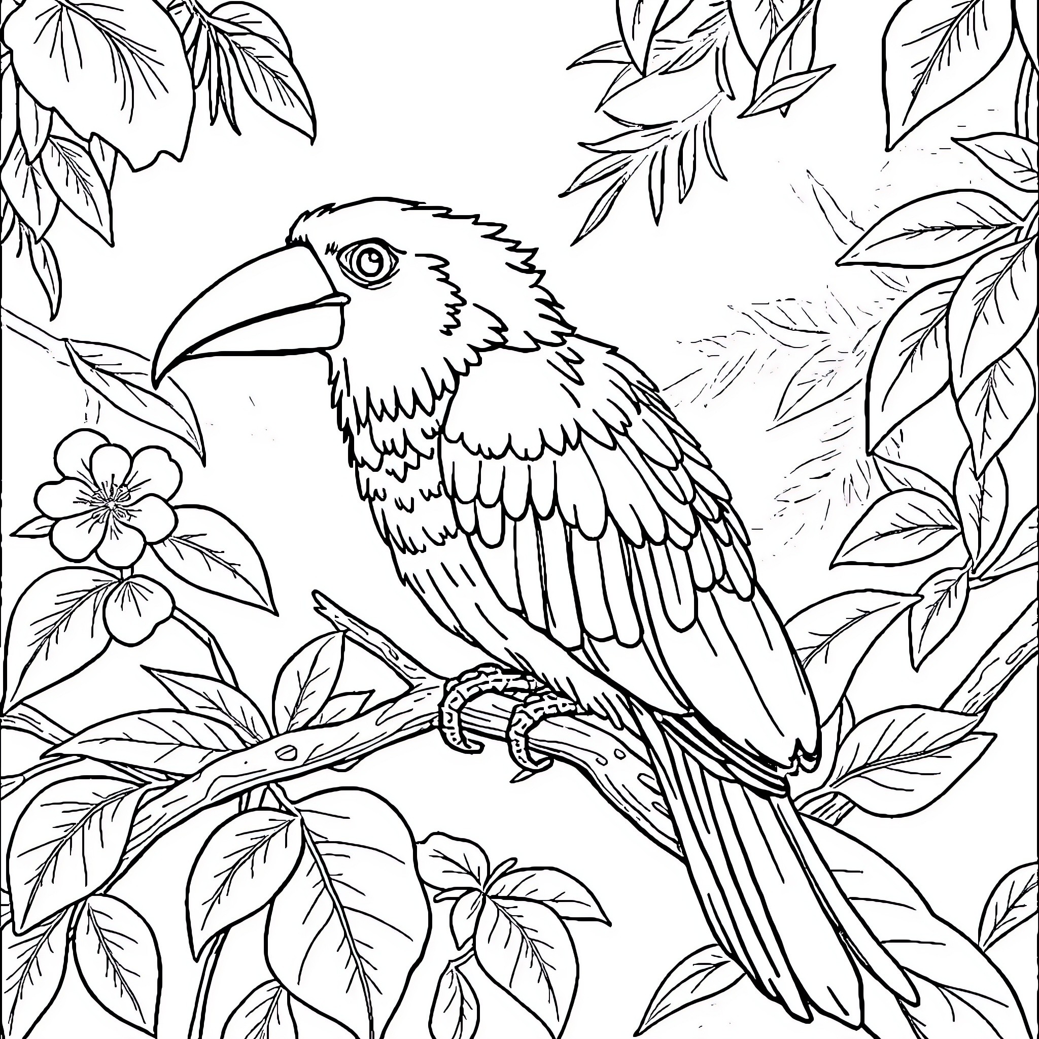Animal toucan bird perching on tree branch with flowers Coloring Page (free black-and-white line drawing printable PDF for all, from beginners to advanced learners, including children, teens, adults, and seniors)