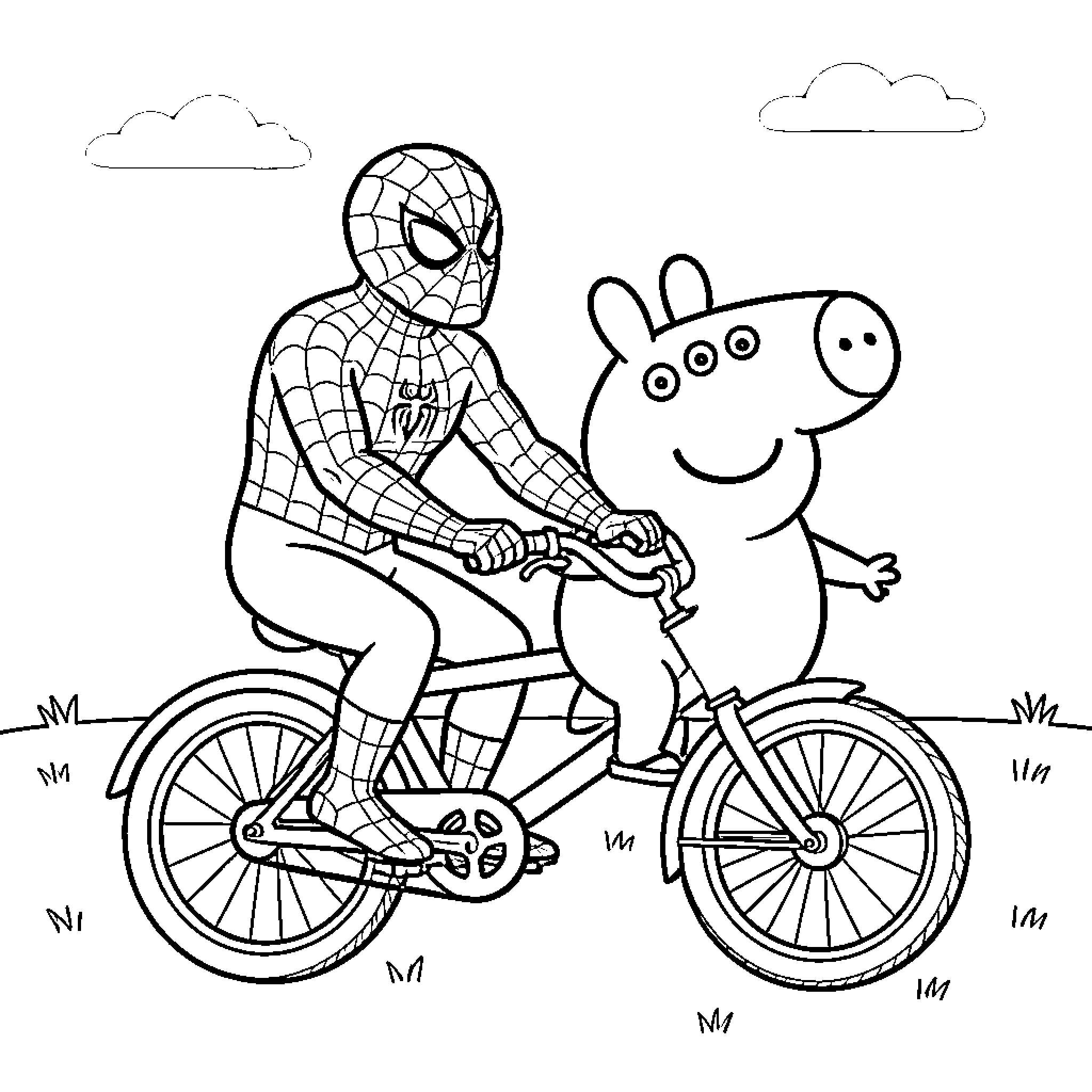 Spiderman riding a bicycle with a friendly character Coloring Page (free black-and-white line drawing printable PDF for all, from beginners to advanced learners, including children, teens, adults, and seniors)