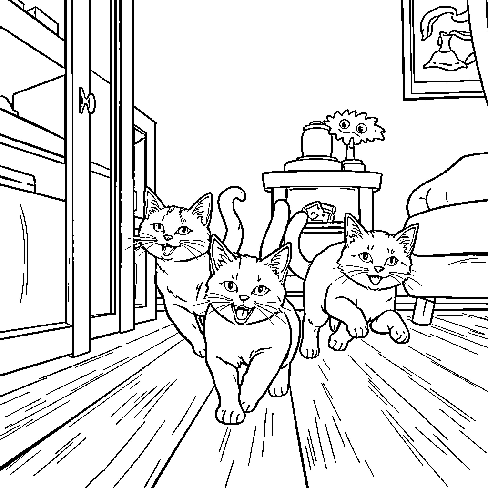 Cats playing and exploring the room Coloring Page (free black-and-white line drawing printable PDF for all, from beginners to advanced learners, including children, teens, adults, and seniors)
