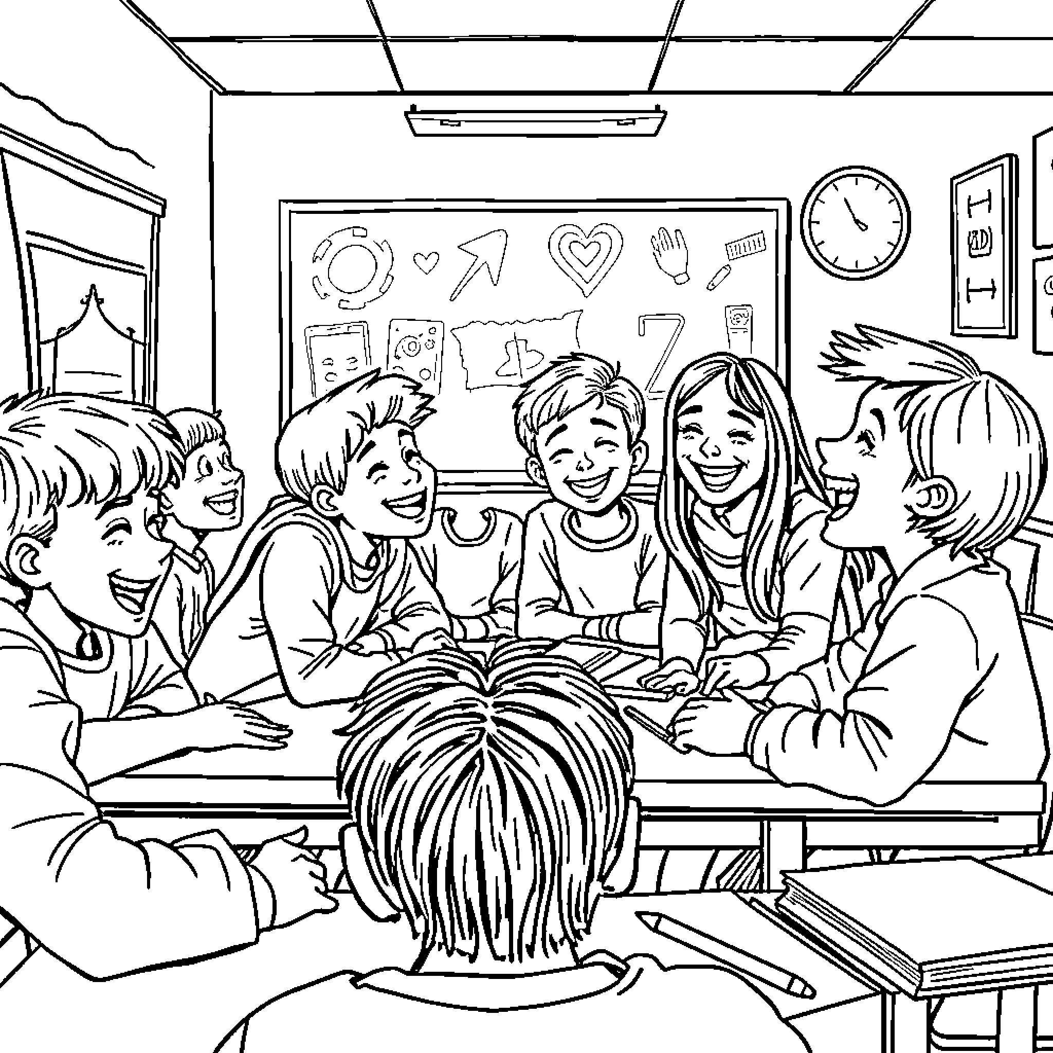 Middle School Students Enjoying Group Discussion Coloring Page (free black-and-white line drawing printable PDF for all, from beginners to advanced learners, including children, teens, adults, and seniors)