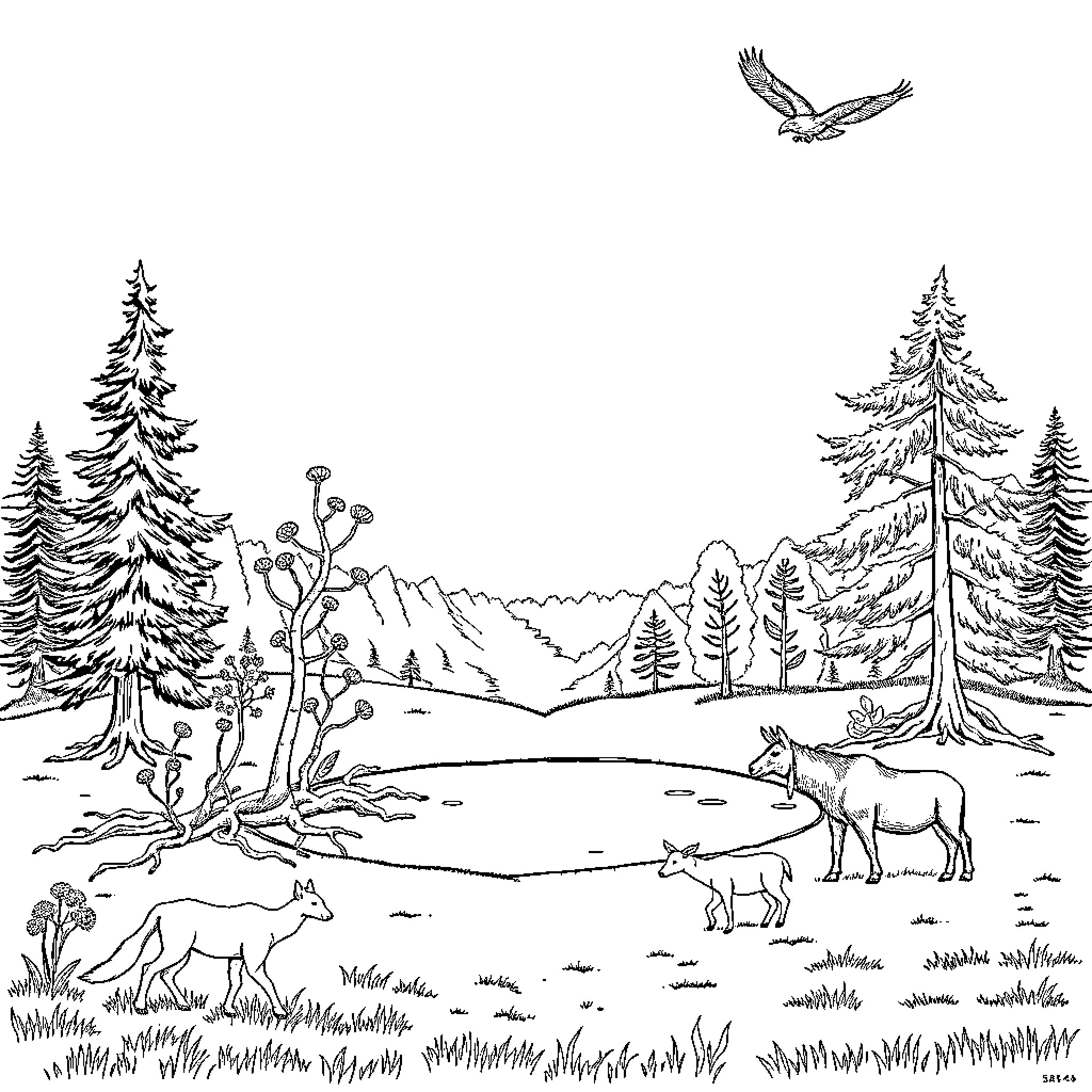 Tree-lined landscape with wildlife in the wilderness Coloring Page (free black-and-white line drawing printable PDF for all, from beginners to advanced learners, including children, teens, adults, and seniors)
