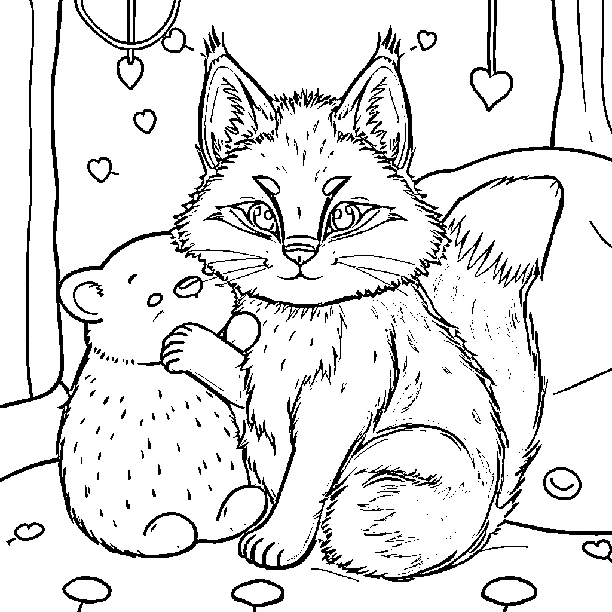 Zorrito the fox surrounded by hearts Coloring Page (free black-and-white line drawing printable PDF for all, from beginners to advanced learners, including children, teens, adults, and seniors)