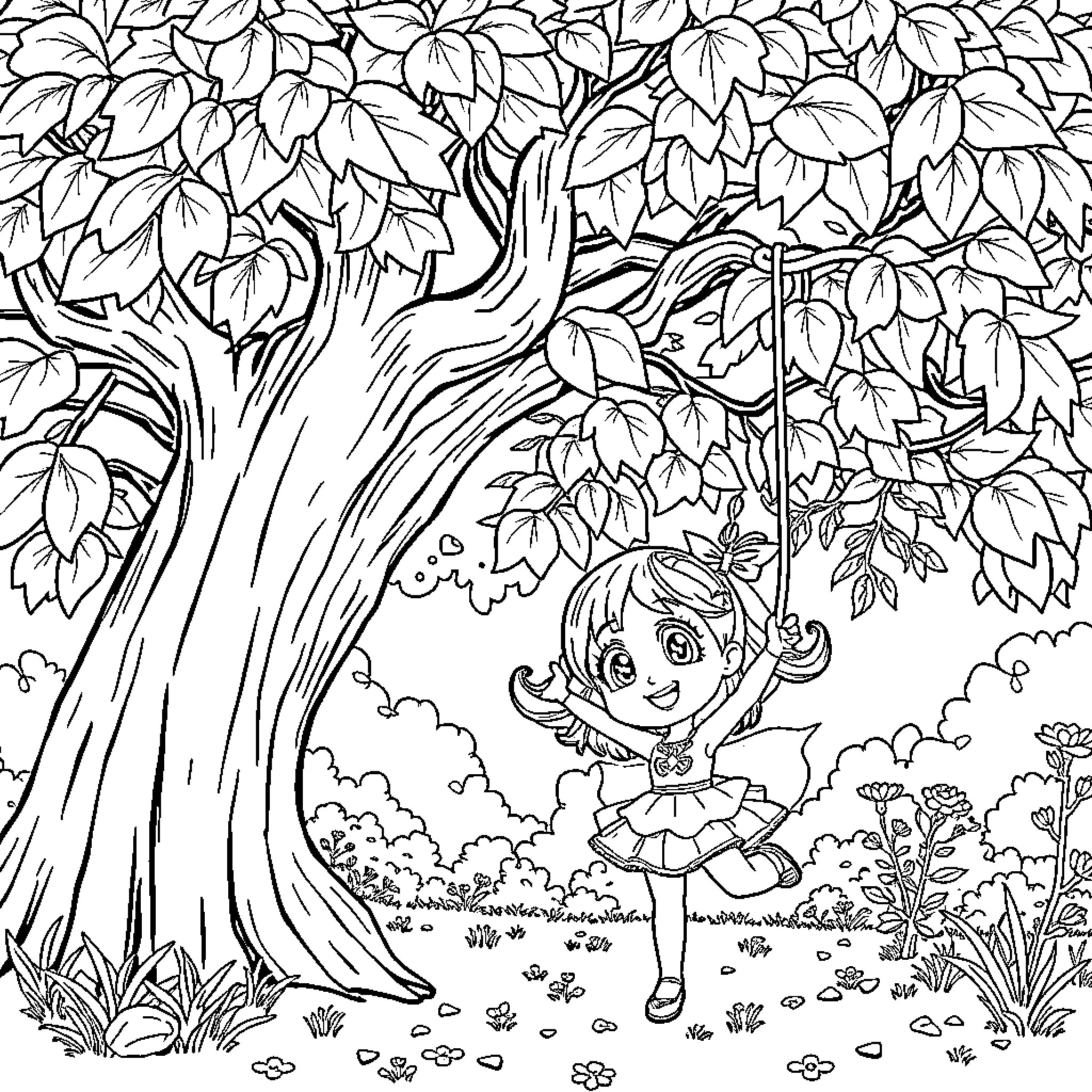 Gabby swinging joyfully in the enchanted forest Coloring Page (free black-and-white line drawing printable PDF for all, from beginners to advanced learners, including children, teens, adults, and seniors)