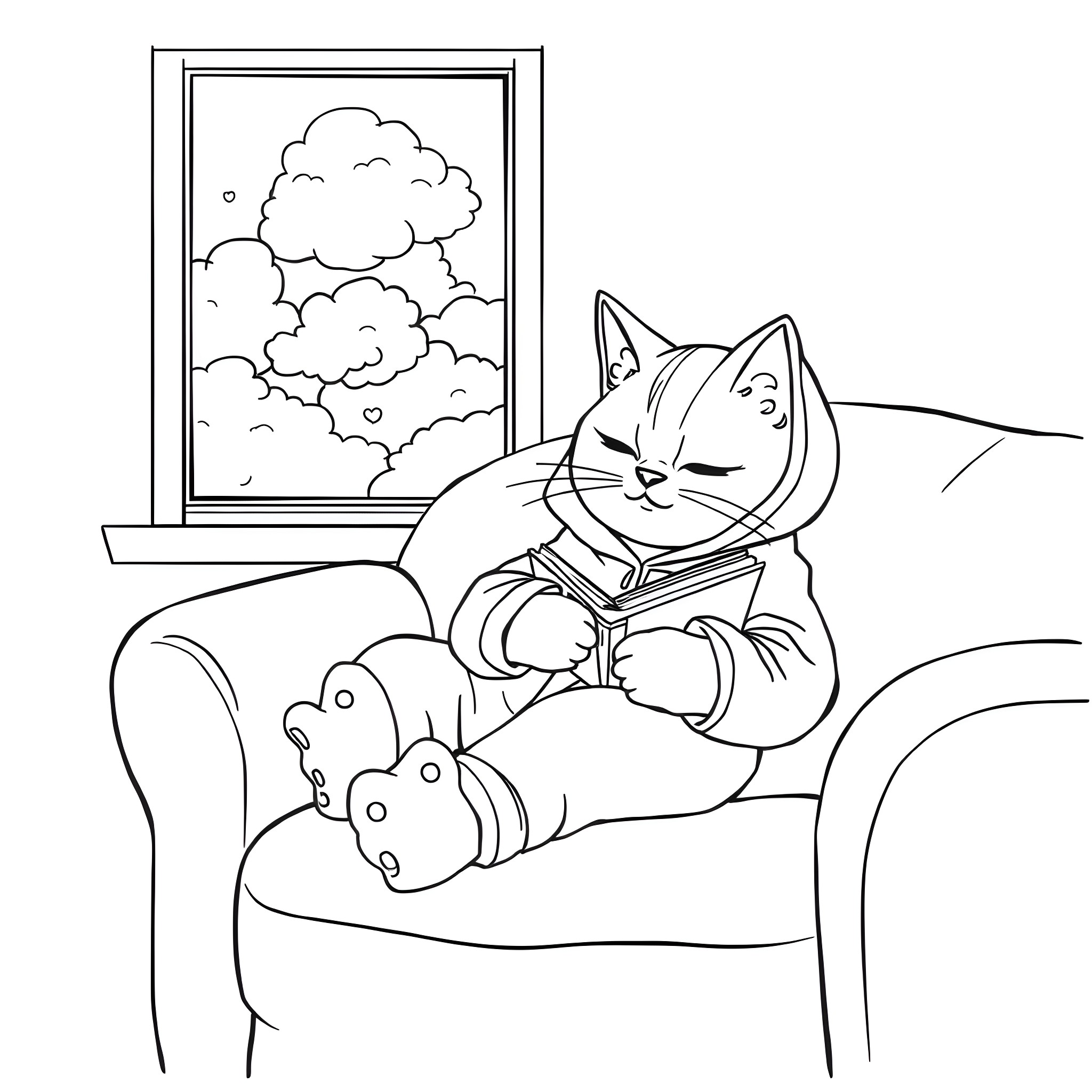 Cat reading book on armchair by window Coloring Page (free black-and-white line drawing printable PDF for all, from beginners to advanced learners, including children, teens, adults, and seniors)