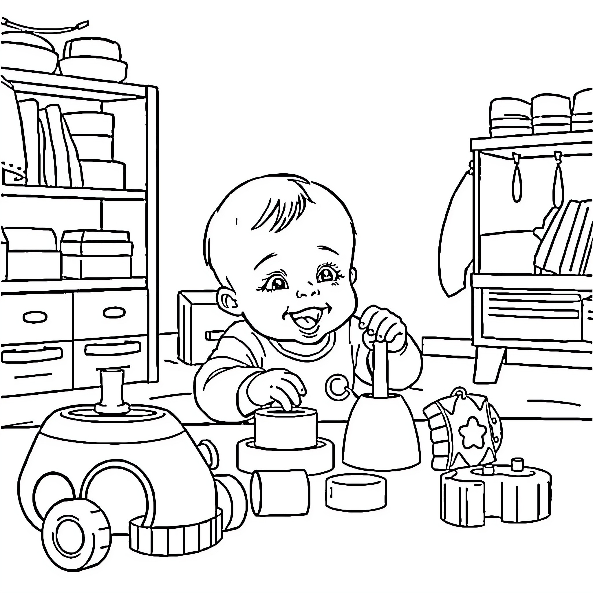 Baby Boy Playing with Toys in Room Coloring Page (free black-and-white line drawing printable PDF for all, from beginners to advanced learners, including children, teens, adults, and seniors)