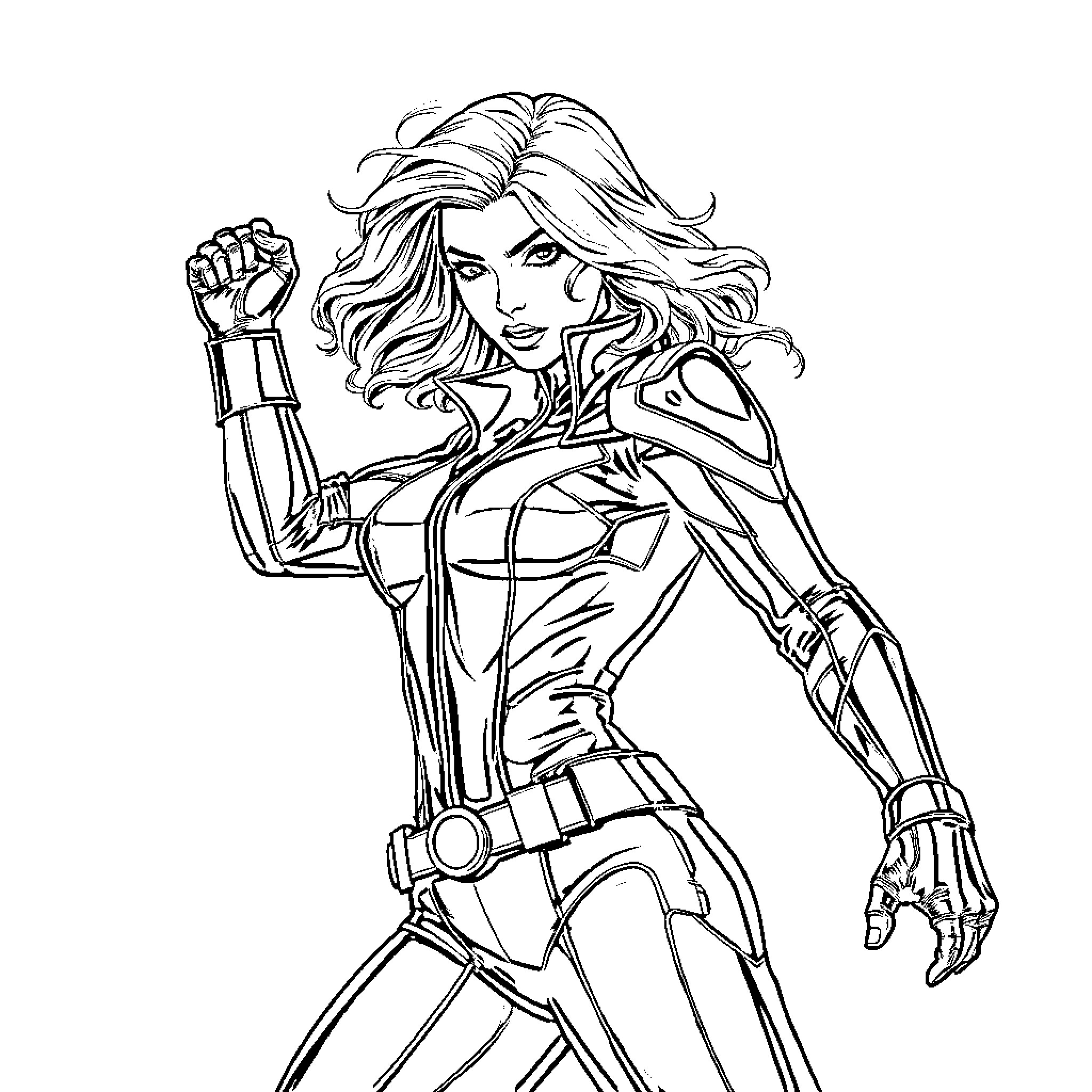 Black Widow: Fierce Heroine in Action Coloring Page (free black-and-white line drawing printable PDF for all, from beginners to advanced learners, including children, teens, adults, and seniors)