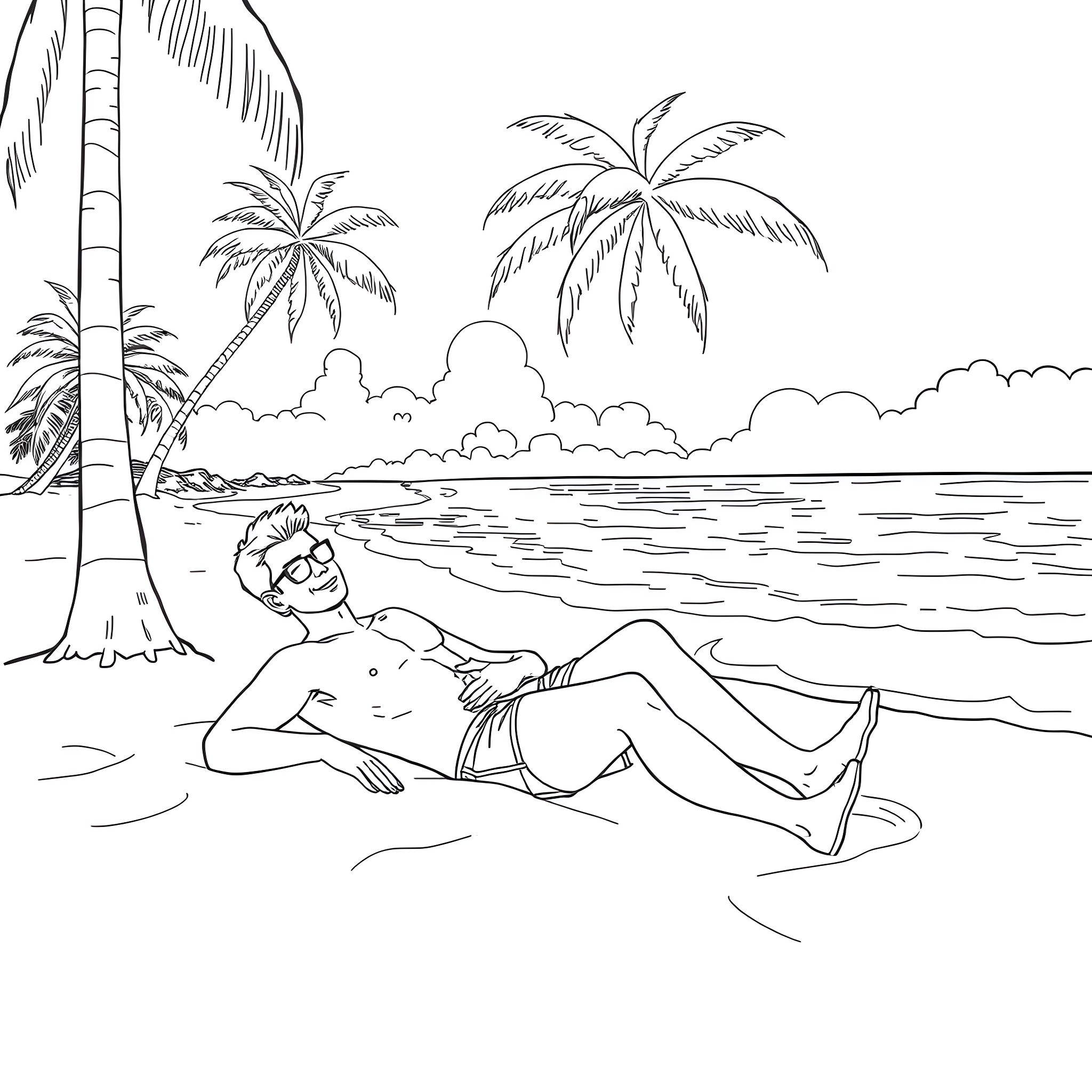 Kyle Gardiner relaxing on the beach under palm trees Coloring Page (free black-and-white line drawing printable PDF for all, from beginners to advanced learners, including children, teens, adults, and seniors)