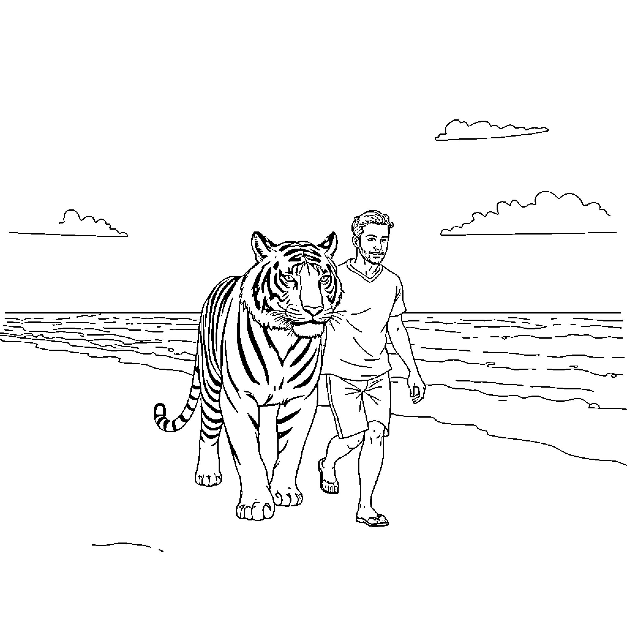 Tiger and man walking on the beach Coloring Page (free black-and-white line drawing printable PDF for all, from beginners to advanced learners, including children, teens, adults, and seniors)