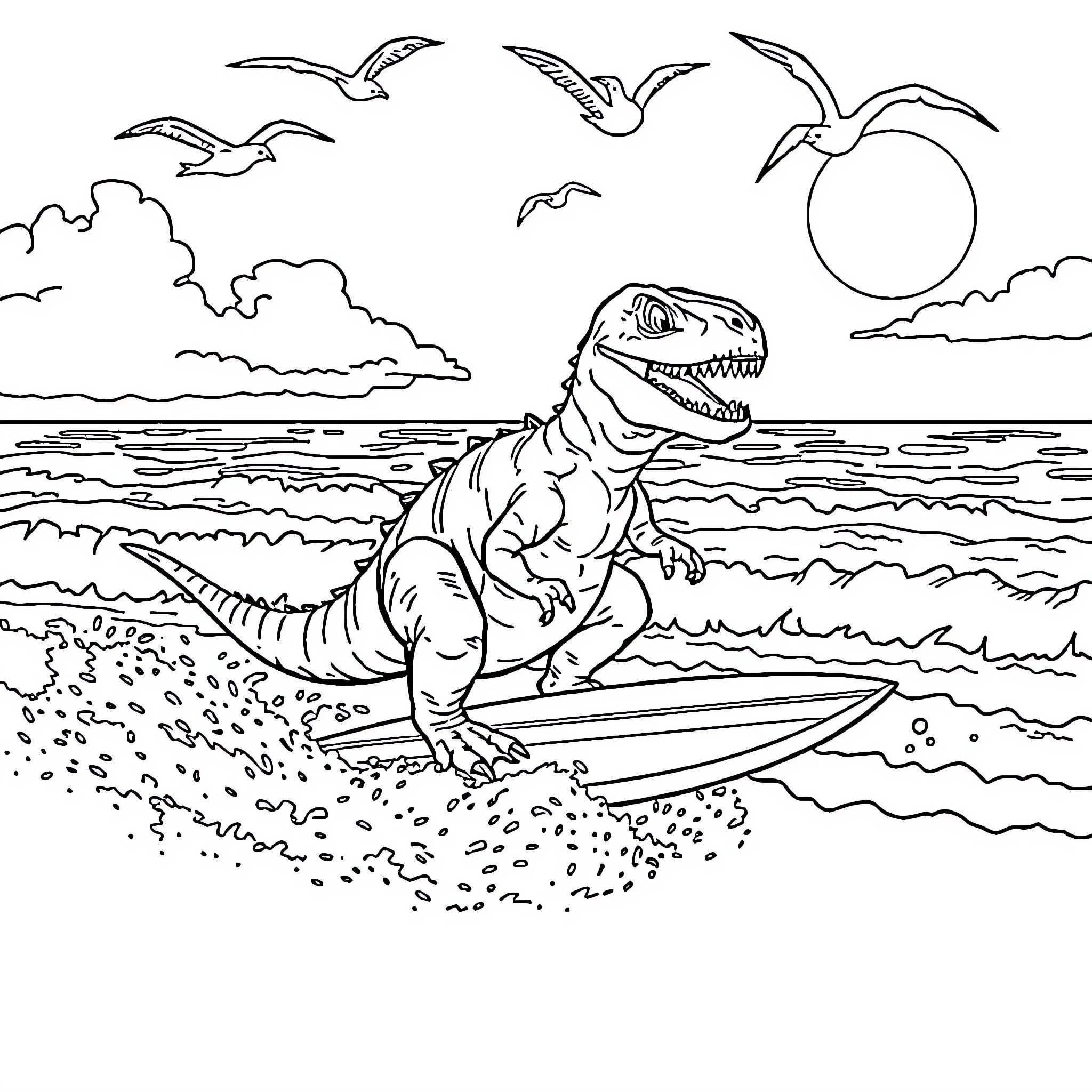 T-Rex surfing on the beach Coloring Page (free black-and-white line drawing printable PDF for all, from beginners to advanced learners, including children, teens, adults, and seniors)