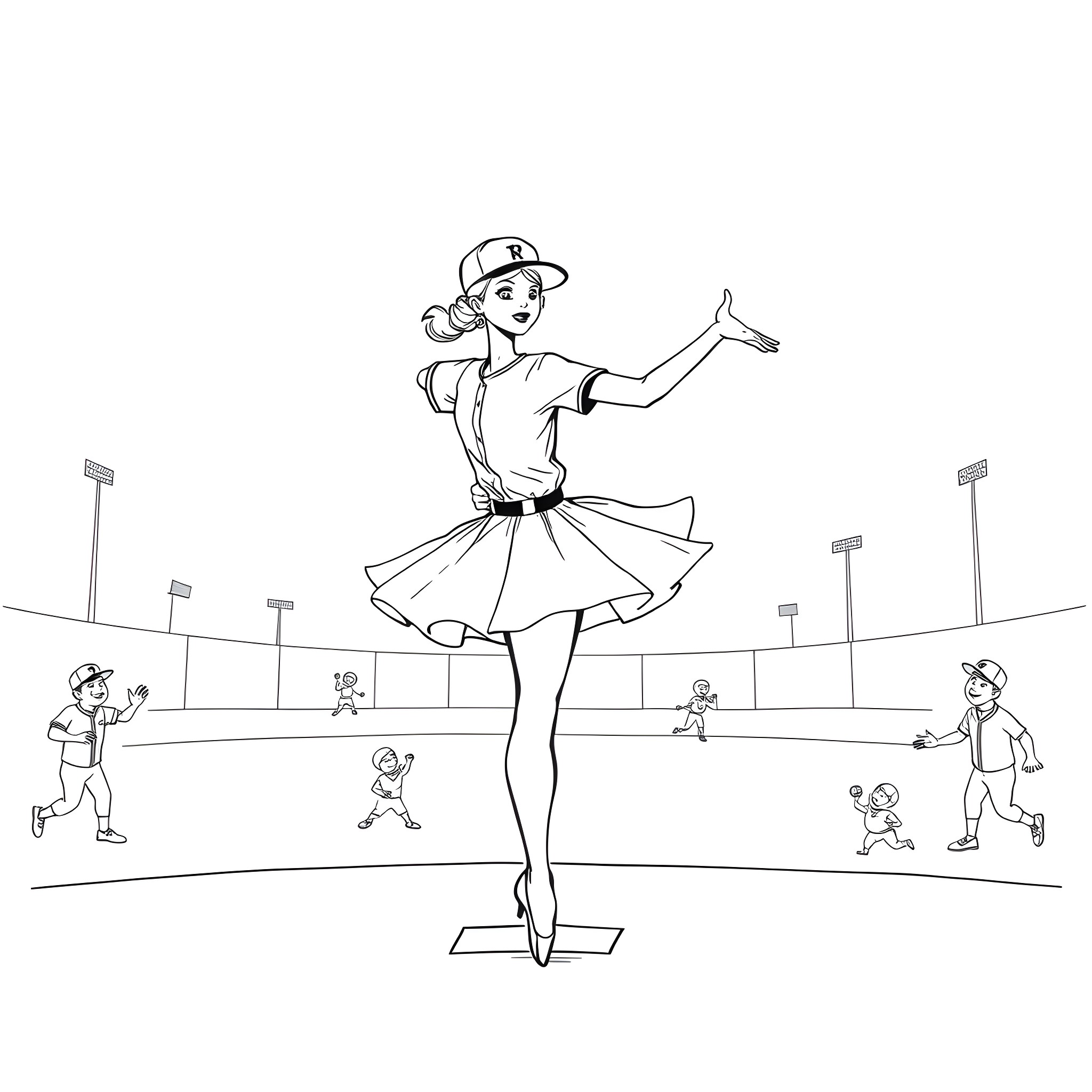 Baseball Player Performing Cheerleading Routine on Field Coloring Page (free black-and-white line drawing printable PDF for all, from beginners to advanced learners, including children, teens, adults, and seniors)