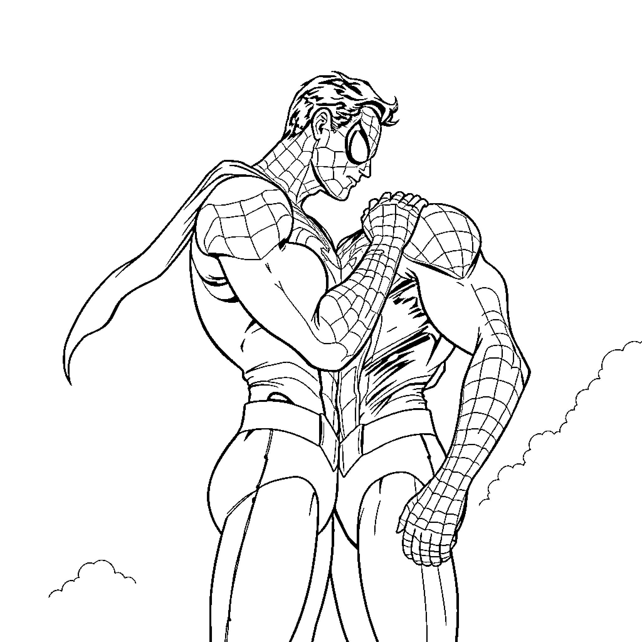 Superman heroically leaping into action Coloring Page (free black-and-white line drawing printable PDF for all, from beginners to advanced learners, including children, teens, adults, and seniors)