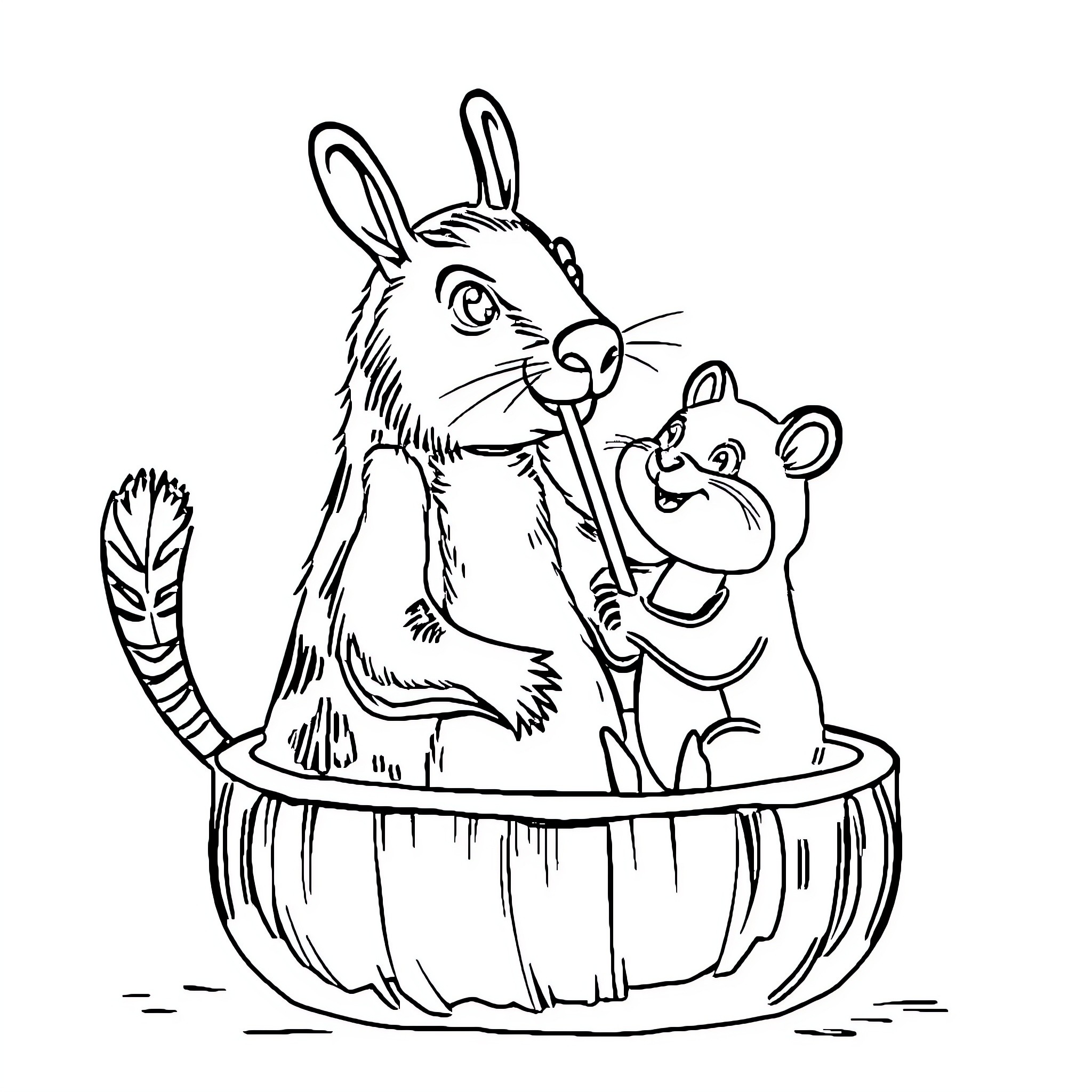 Capybara and bear friends having fun together Coloring Page (free black-and-white line drawing printable PDF for all, from beginners to advanced learners, including children, teens, adults, and seniors)