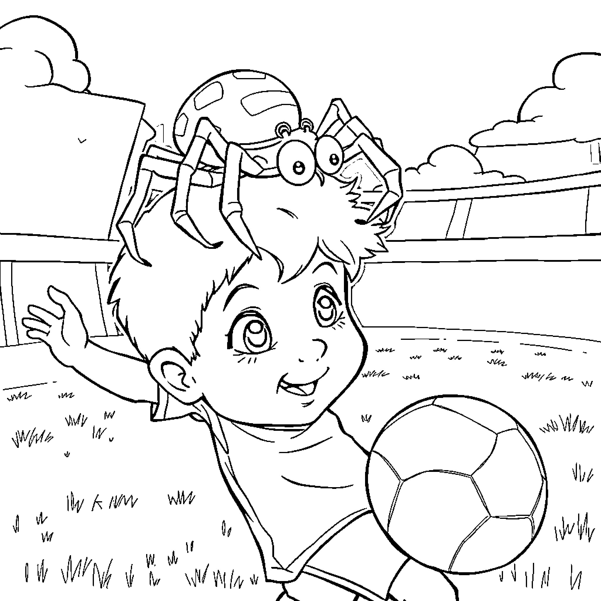 Spider Playing Happily with Boy and Soccer Ball Coloring Page (free black-and-white line drawing printable PDF for all, from beginners to advanced learners, including children, teens, adults, and seniors)