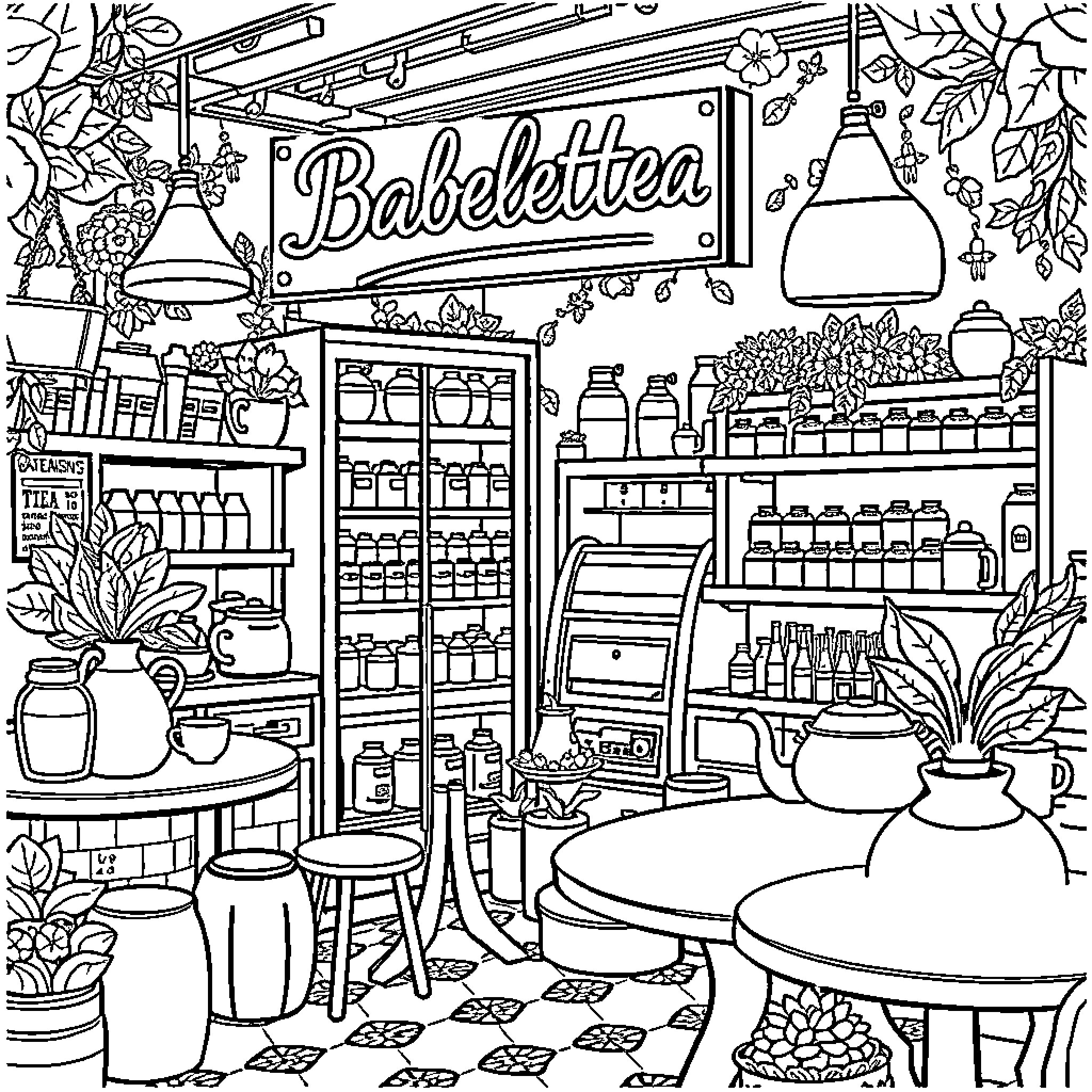 Babeltea: Cozy Cafe with Vibrant Ambiance Coloring Page (free black-and-white line drawing printable PDF for all, from beginners to advanced learners, including children, teens, adults, and seniors)