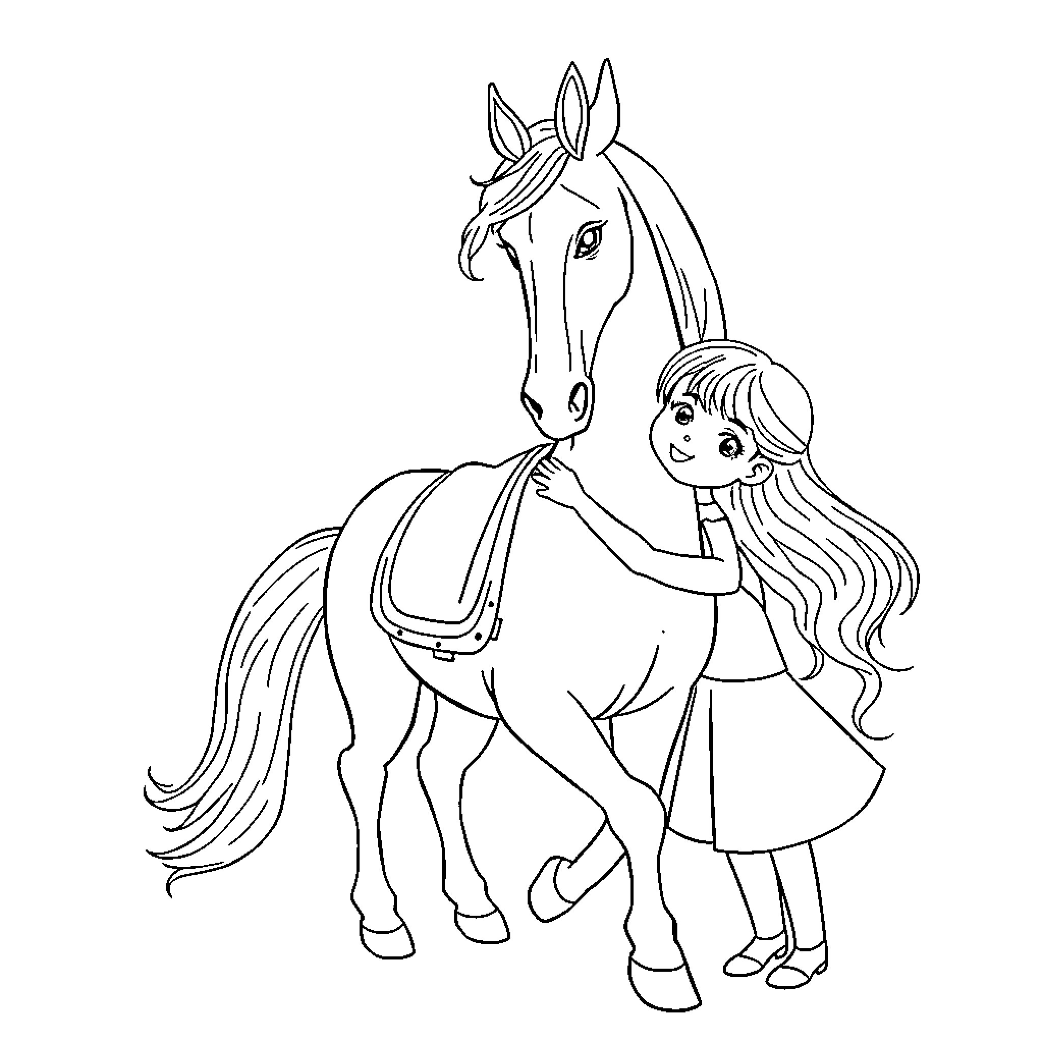 Horse and Girl in Joyful Adventure Coloring Page (free black-and-white line drawing printable PDF for all, from beginners to advanced learners, including children, teens, adults, and seniors)
