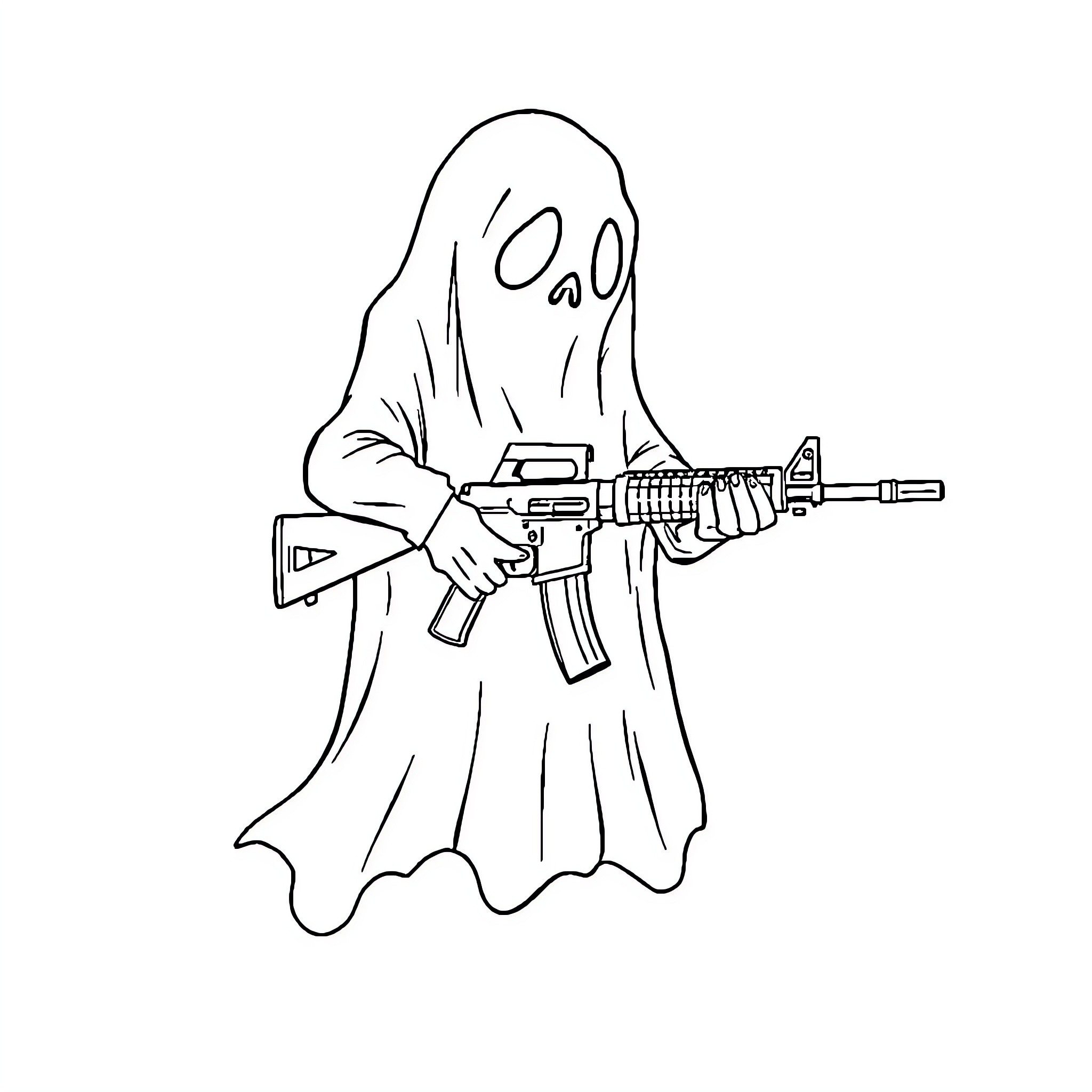 Ghost with Rifle in Hooded Robe Coloring Page (free black-and-white line drawing printable PDF for all, from beginners to advanced learners, including children, teens, adults, and seniors)