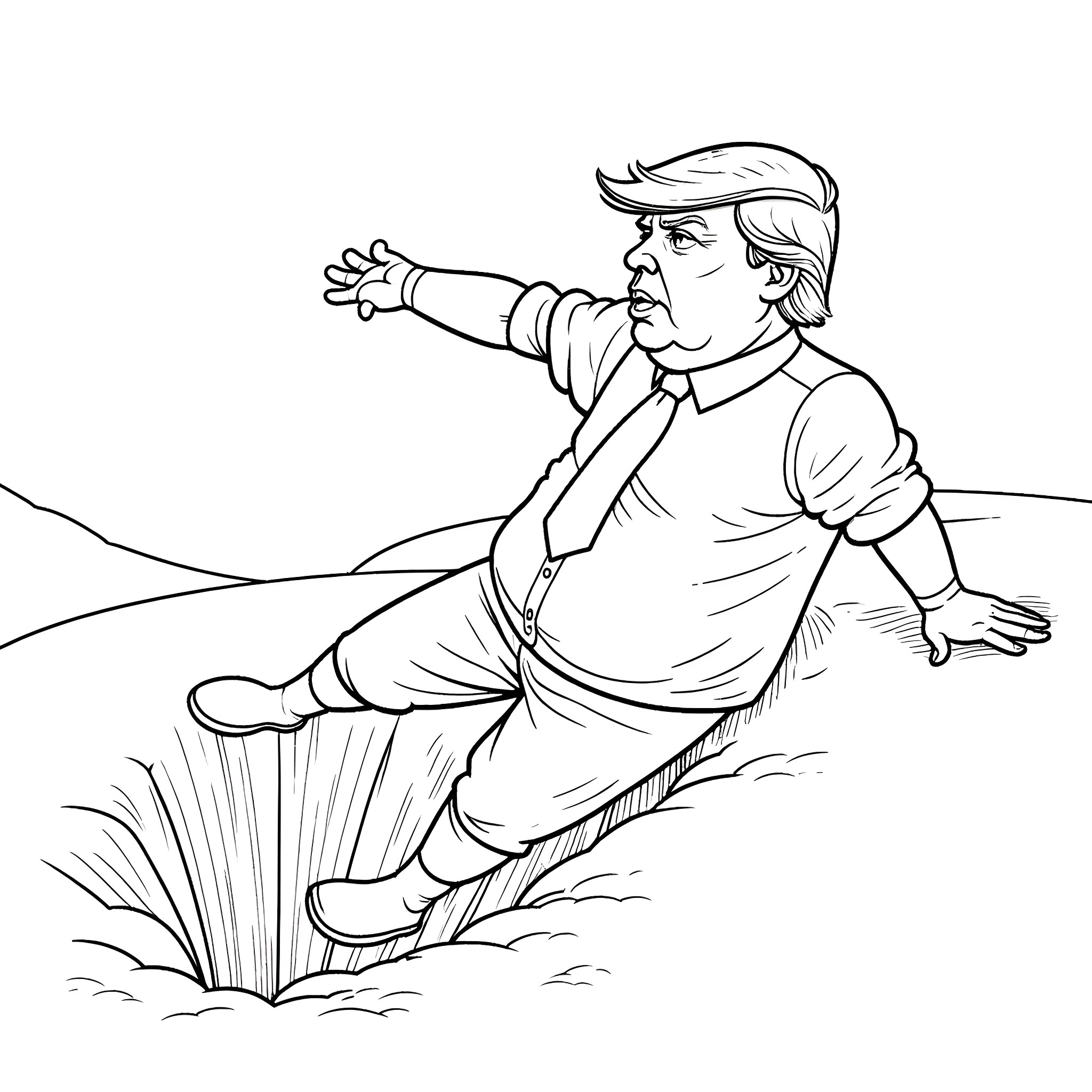 Donald Trump surfing on the waves Coloring Page (free black-and-white line drawing printable PDF for all, from beginners to advanced learners, including children, teens, adults, and seniors)