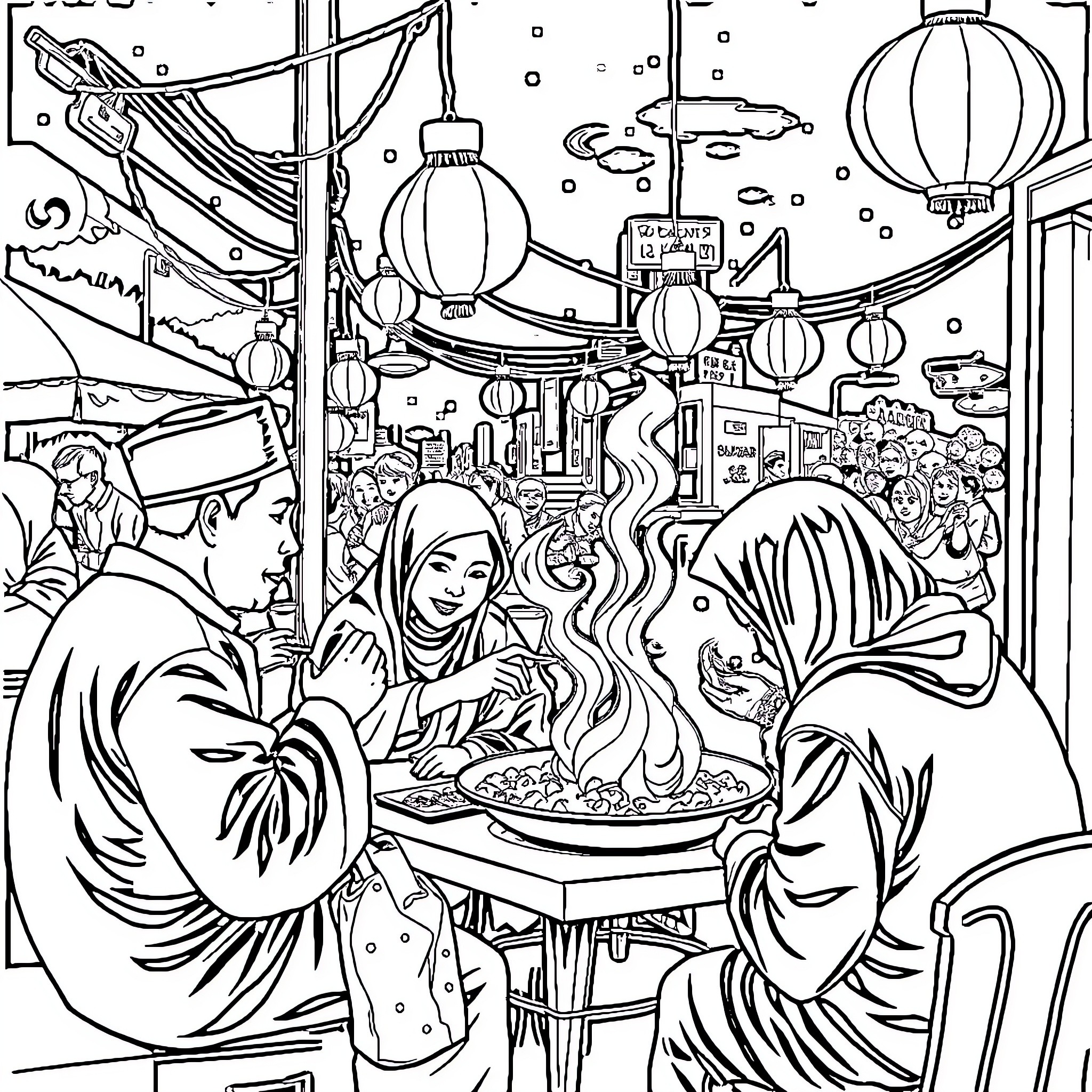 Tung Tung Cooking and Dining at Night Market Coloring Page (free black-and-white line drawing printable PDF for all, from beginners to advanced learners, including children, teens, adults, and seniors)