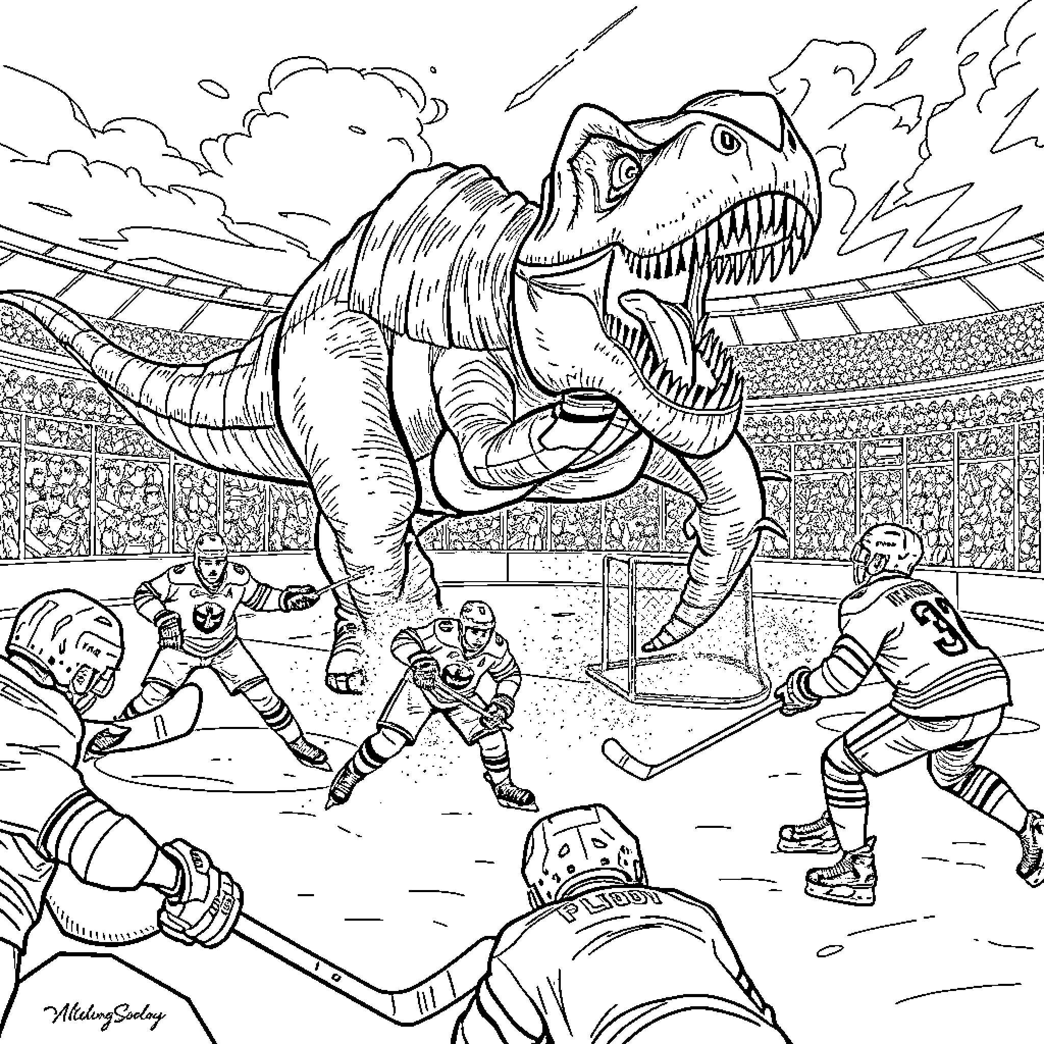 Jet Dinosaur Wreaks Havoc on Ice Hockey Arena Coloring Page (free black-and-white line drawing printable PDF for all, from beginners to advanced learners, including children, teens, adults, and seniors)