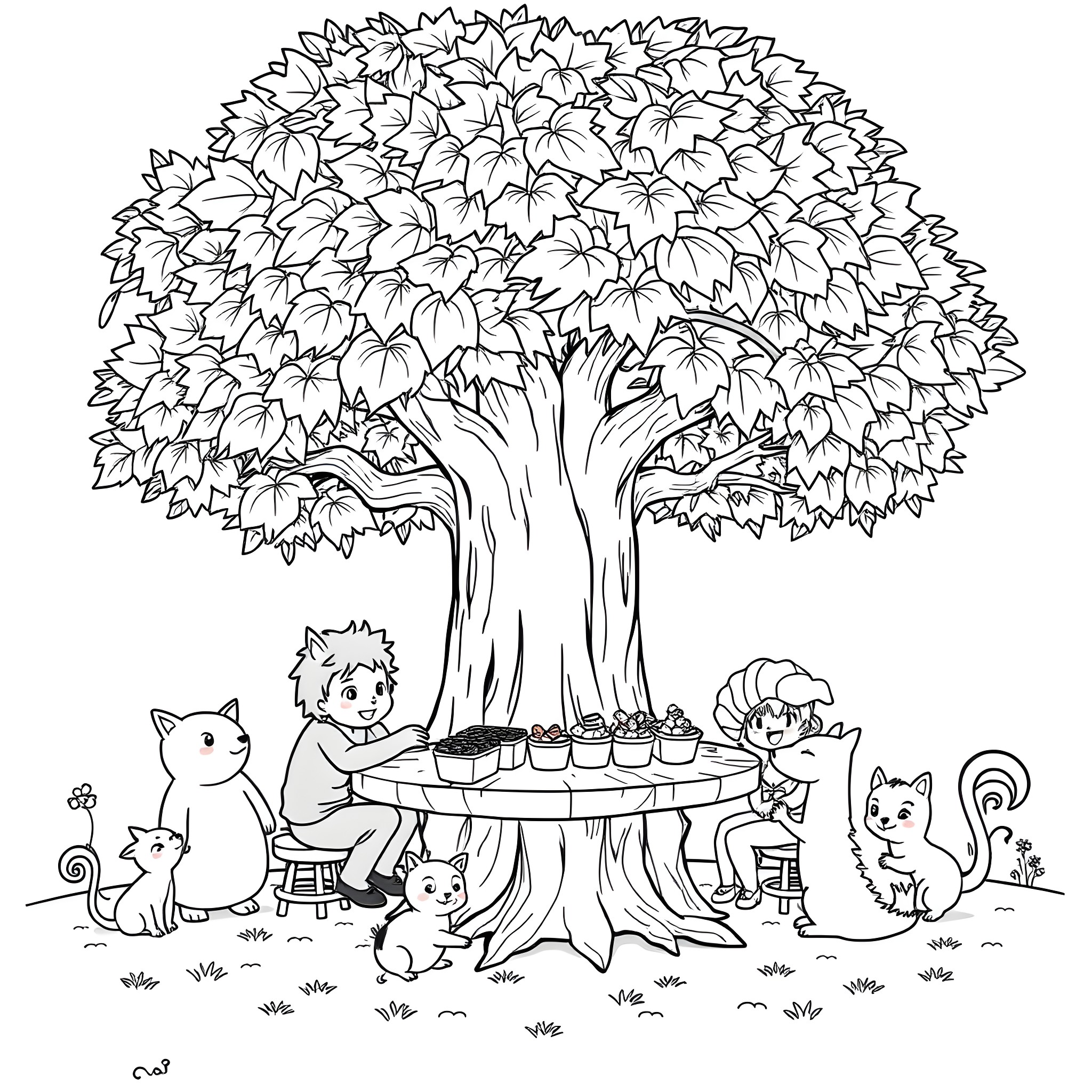 Tree of Artistic Expression and Nature's Charm Coloring Page (free black-and-white line drawing printable PDF for all, from beginners to advanced learners, including children, teens, adults, and seniors)