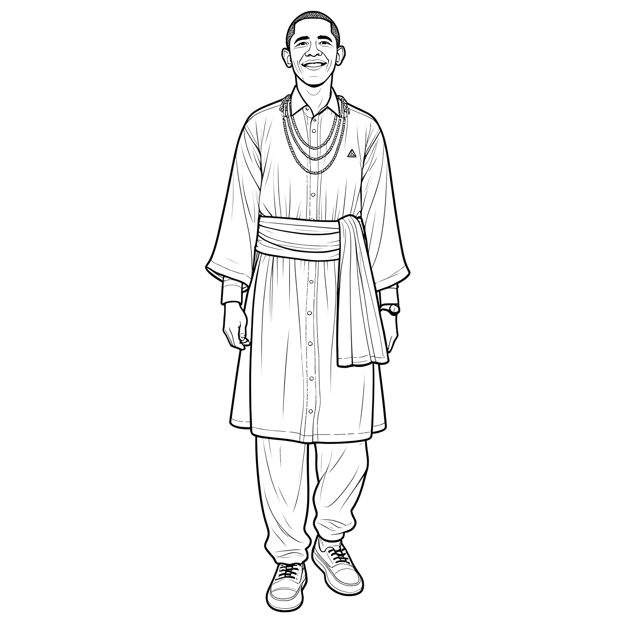 Obama in traditional cultural attire Coloring Page (free black-and-white line drawing printable PDF for all, from beginners to advanced learners, including children, teens, adults, and seniors)