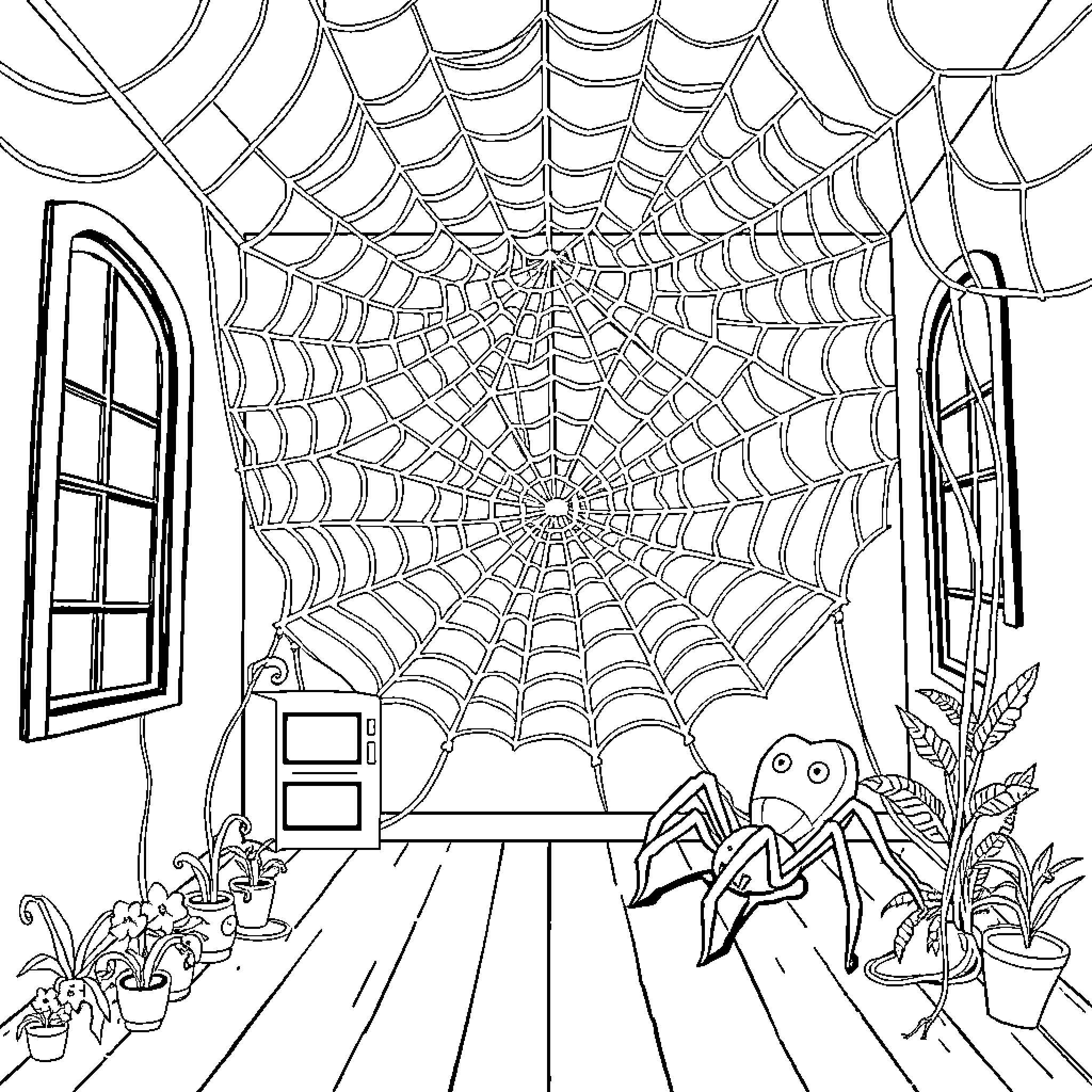 Spider's web decorates the spooky room Coloring Page (free black-and-white line drawing printable PDF for all, from beginners to advanced learners, including children, teens, adults, and seniors)