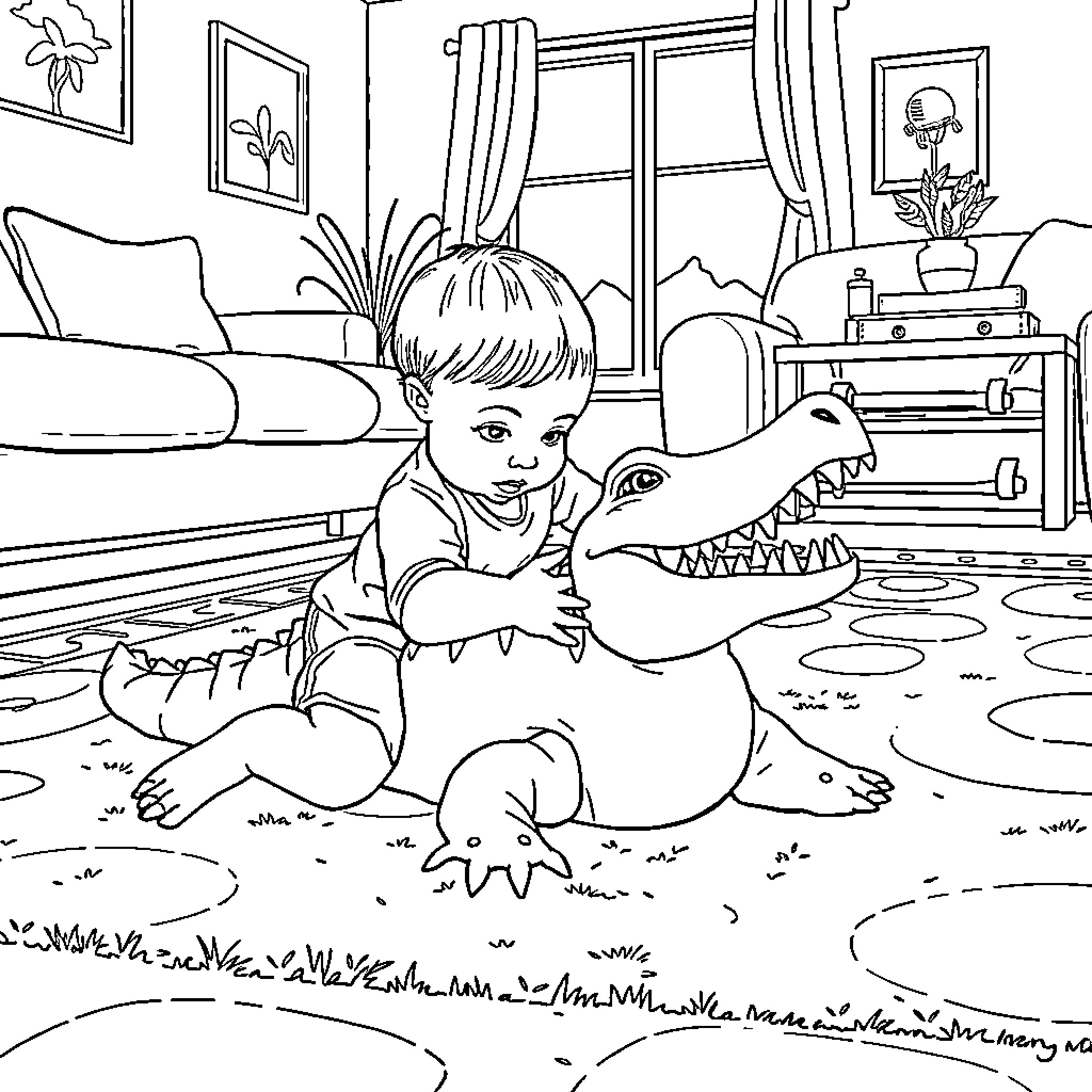 Toddler playing joyfully with toy dinosaur in living room Coloring Page (free black-and-white line drawing printable PDF for all, from beginners to advanced learners, including children, teens, adults, and seniors)