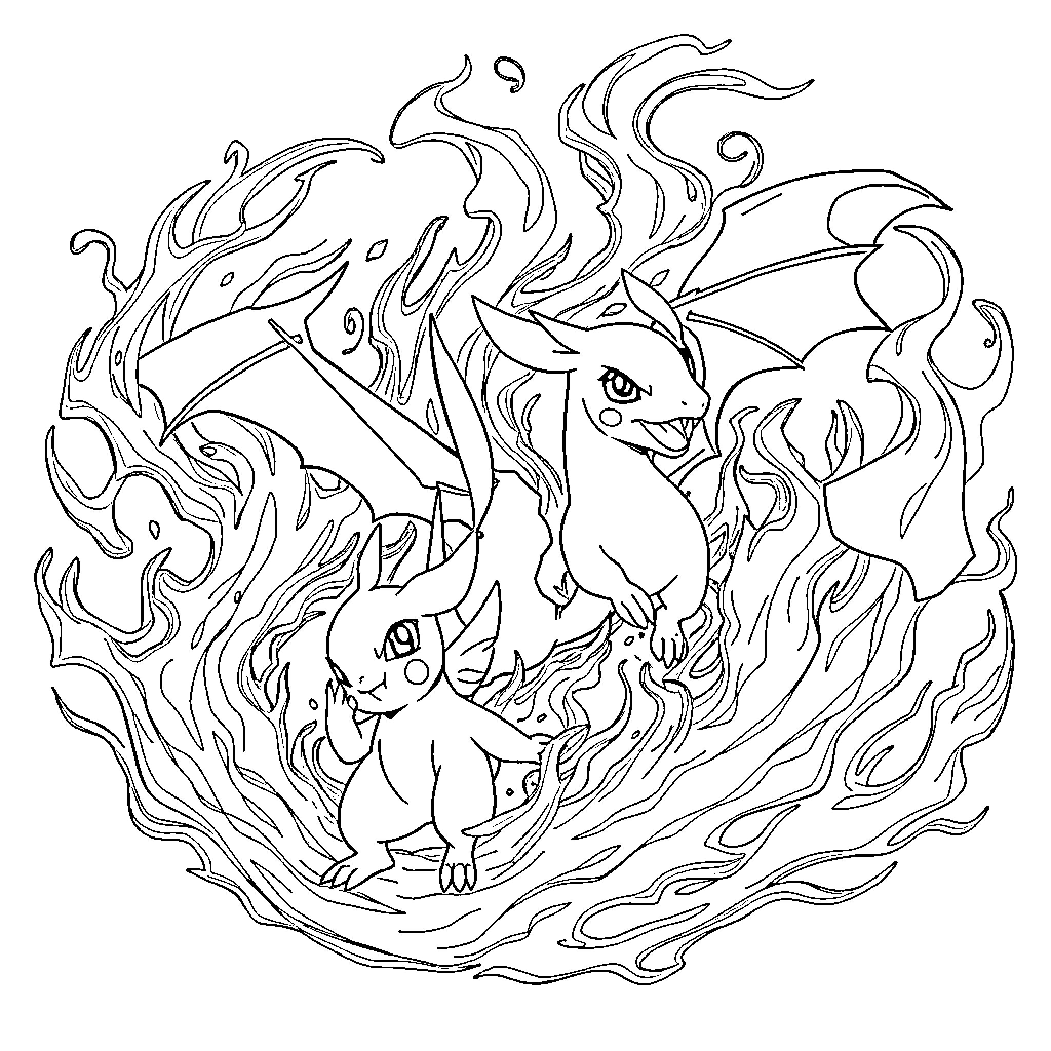 Pokémon Fire Dragon Battle Scene Coloring Page (free black-and-white line drawing printable PDF for all, from beginners to advanced learners, including children, teens, adults, and seniors)