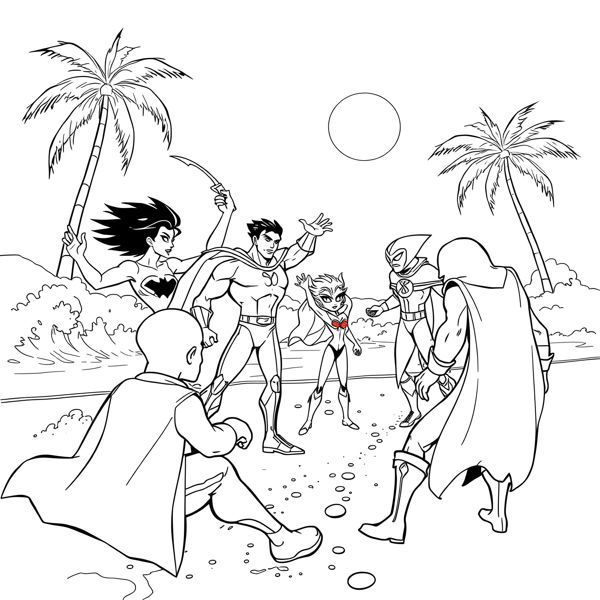Teen Titans exploring a tropical beach Coloring Page (free black-and-white line drawing printable PDF for all, from beginners to advanced learners, including children, teens, adults, and seniors)
