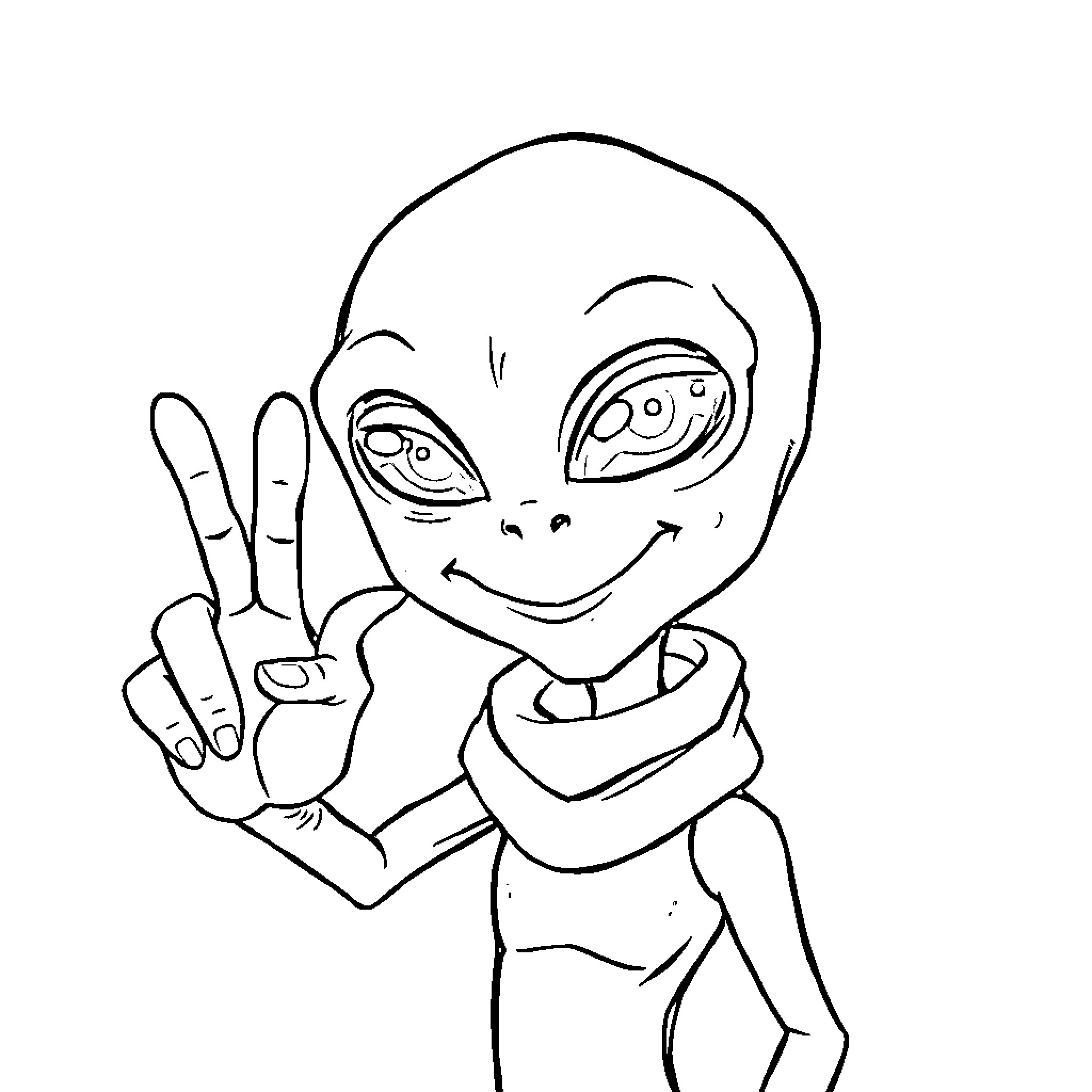 Alien making a peace sign with its hand Coloring Page (free black-and-white line drawing printable PDF for all, from beginners to advanced learners, including children, teens, adults, and seniors)