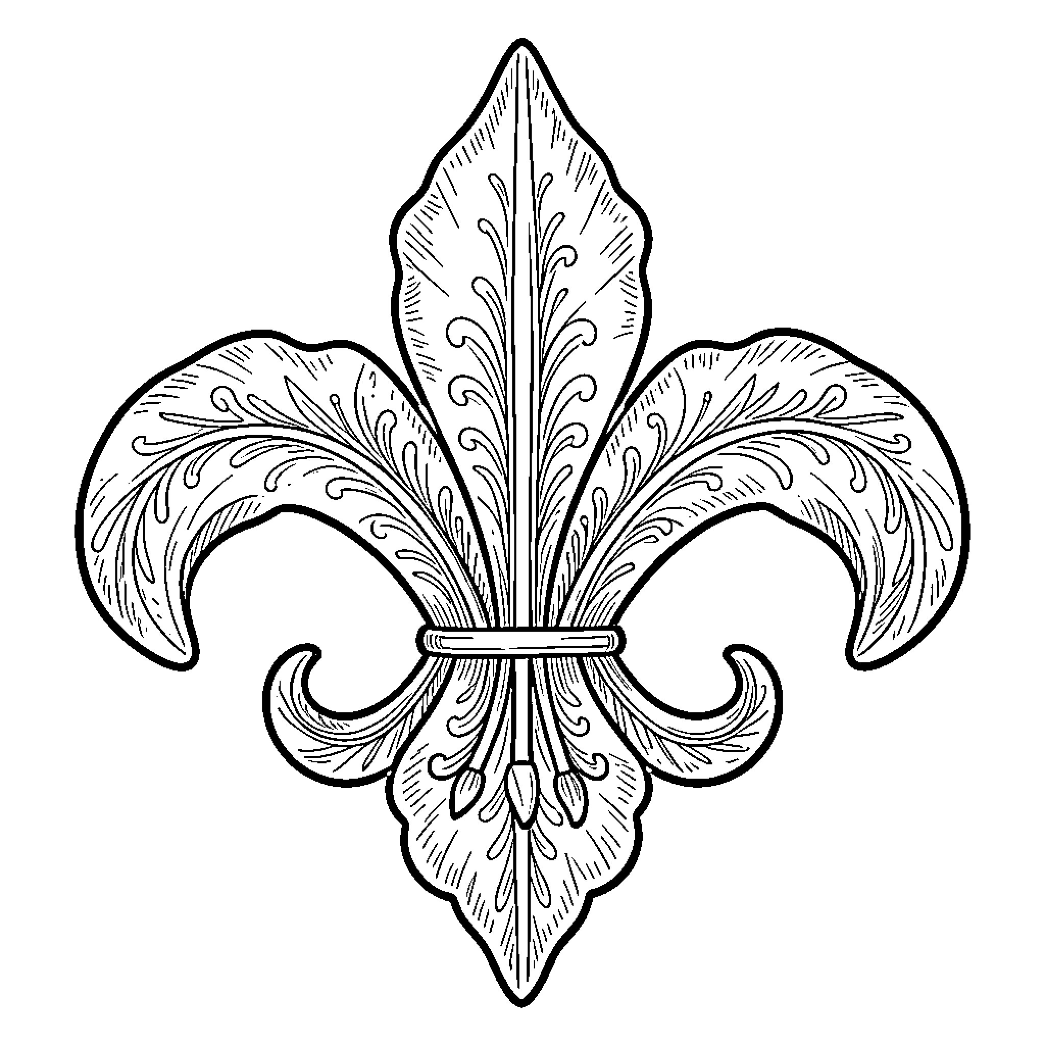 Lily's Ornate Floral Emblem Coloring Page (free black-and-white line drawing printable PDF for all, from beginners to advanced learners, including children, teens, adults, and seniors)