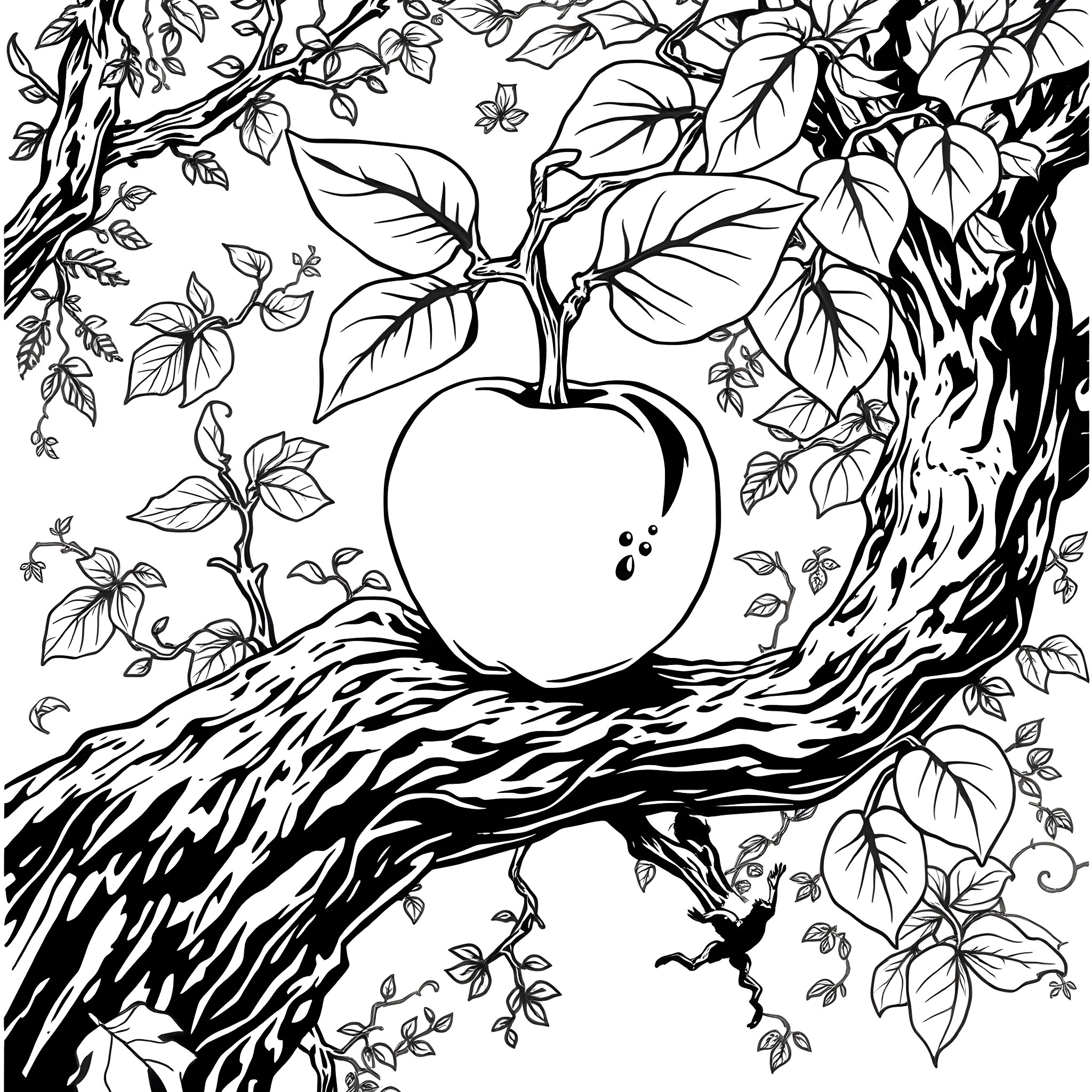Poison Apple Concealed in Mysterious Forest Coloring Page (free black-and-white line drawing printable PDF for all, from beginners to advanced learners, including children, teens, adults, and seniors)