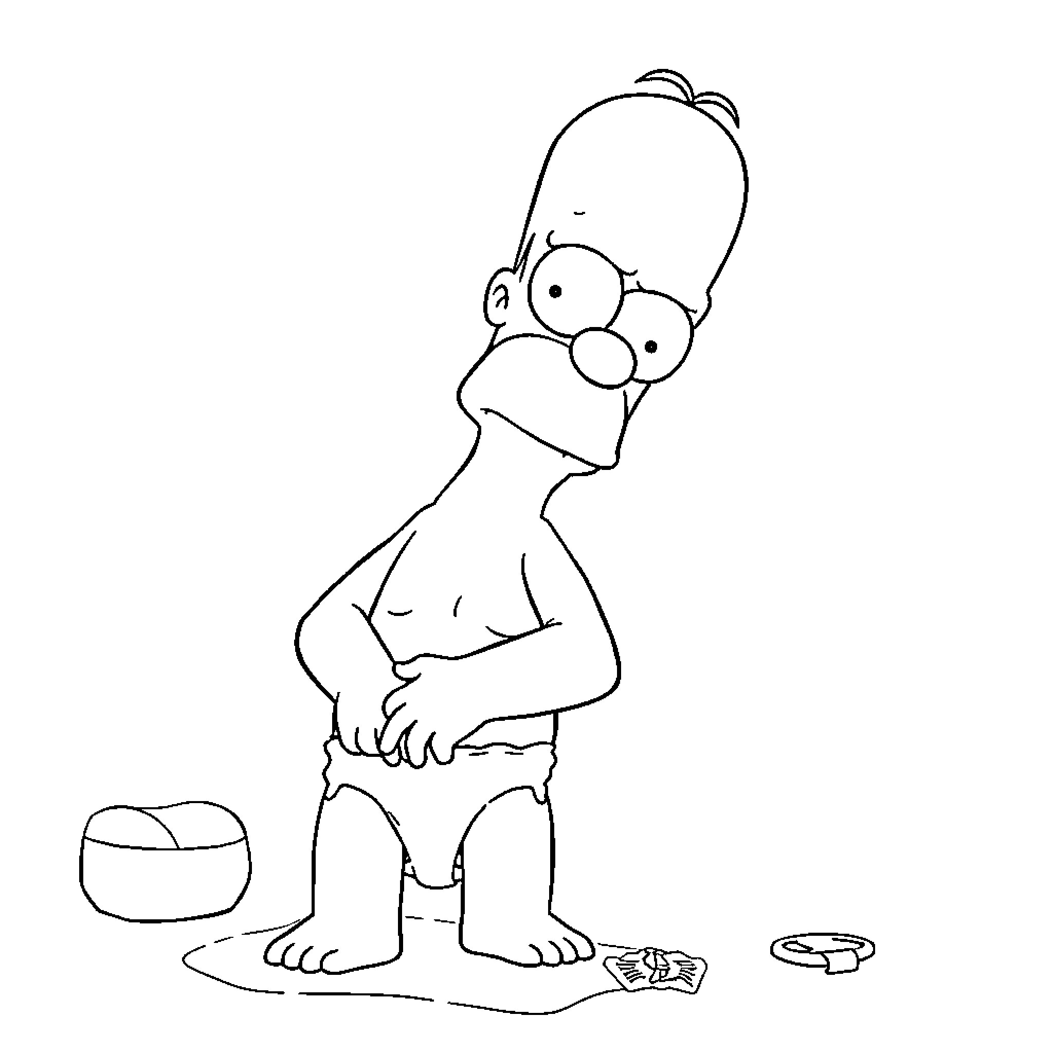 Homer Simpson in a comical pose Coloring Page (free black-and-white line drawing printable PDF for all, from beginners to advanced learners, including children, teens, adults, and seniors)