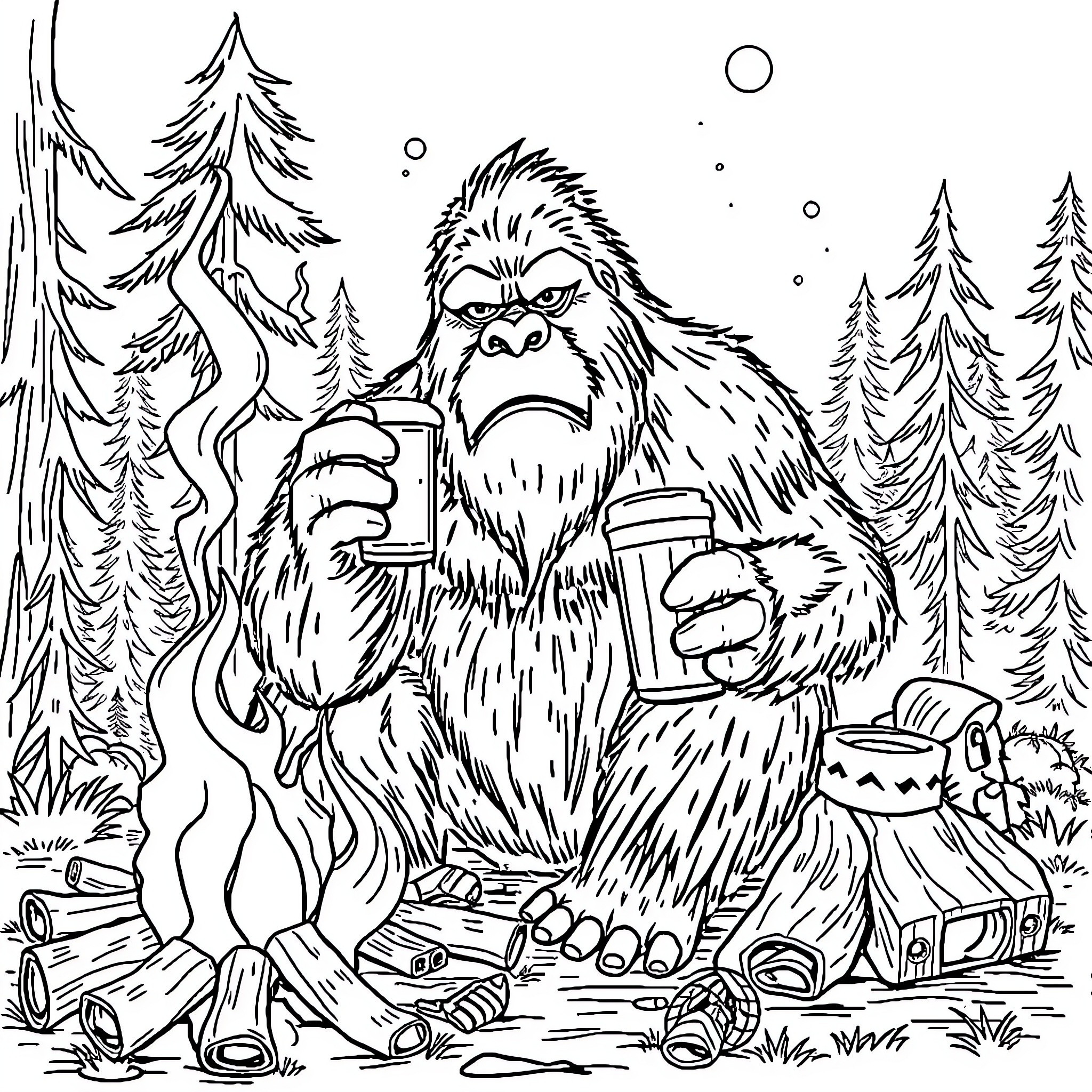 Bigfoot relaxing by the campfire in the woods Coloring Page (free black-and-white line drawing printable PDF for all, from beginners to advanced learners, including children, teens, adults, and seniors)