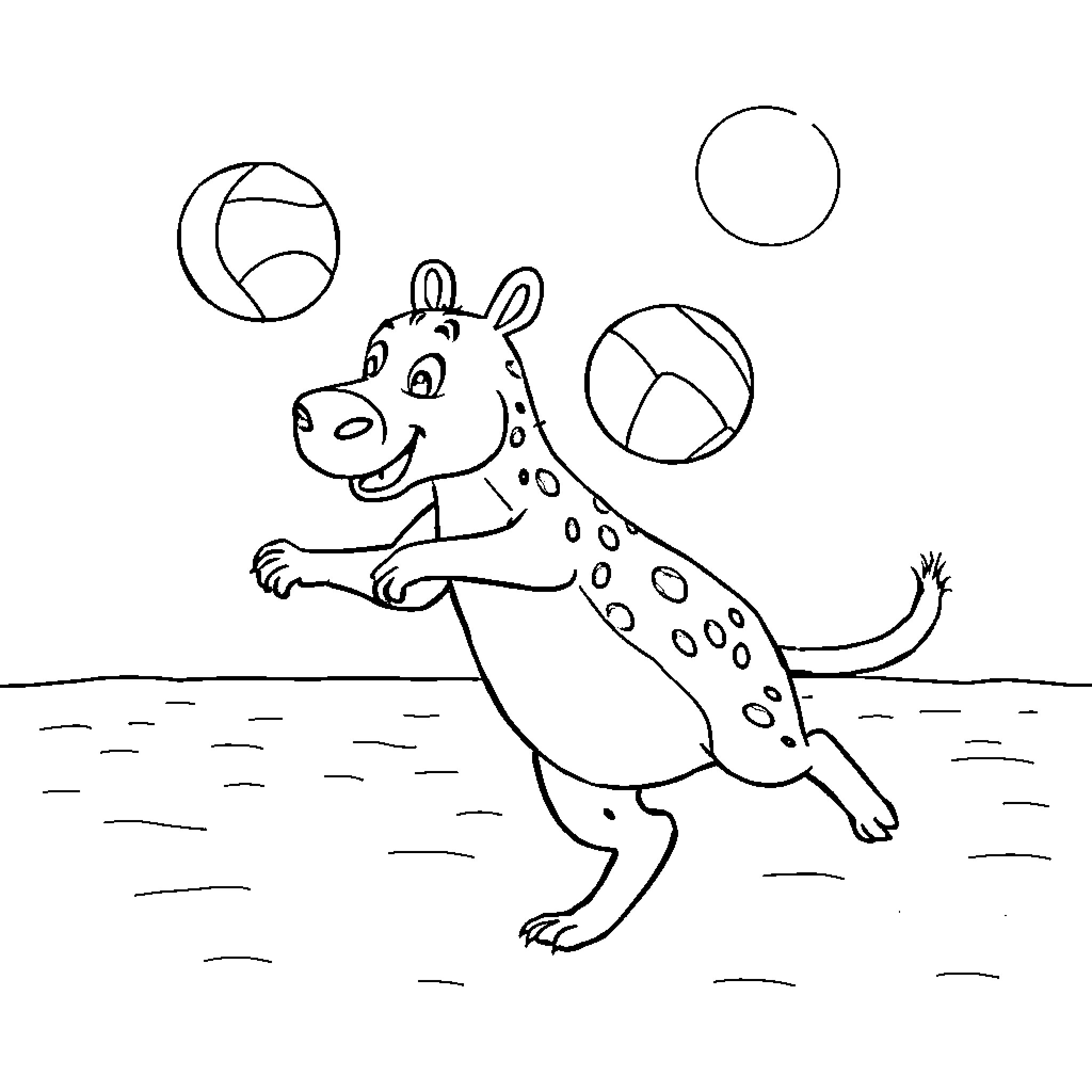 Capybara playing joyfully with colorful balls Coloring Page (free black-and-white line drawing printable PDF for all, from beginners to advanced learners, including children, teens, adults, and seniors)