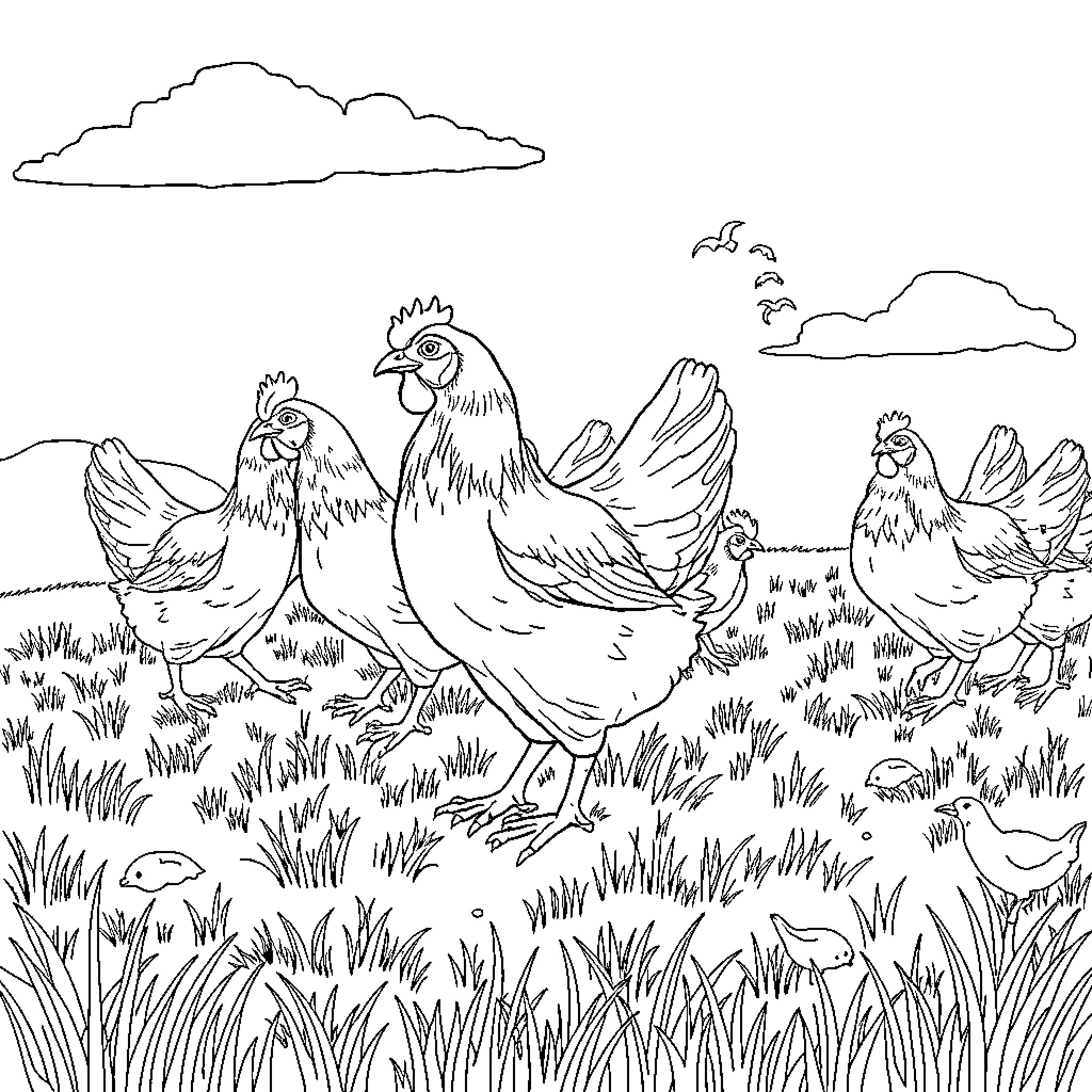Chicken family strutting in the countryside Coloring Page (free black-and-white line drawing printable PDF for all, from beginners to advanced learners, including children, teens, adults, and seniors)
