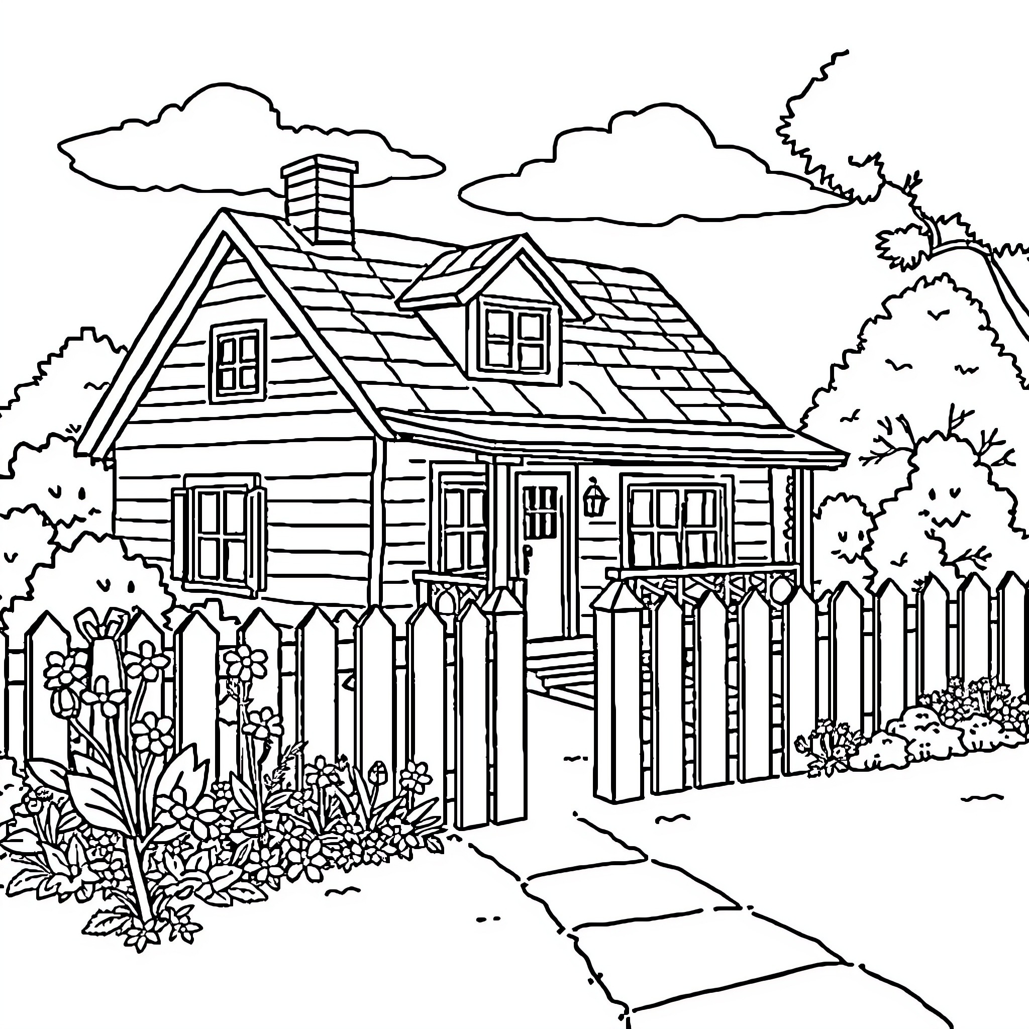 House with Picket Fence and Floral Garden Coloring Page (free black-and-white line drawing printable PDF for all, from beginners to advanced learners, including children, teens, adults, and seniors)
