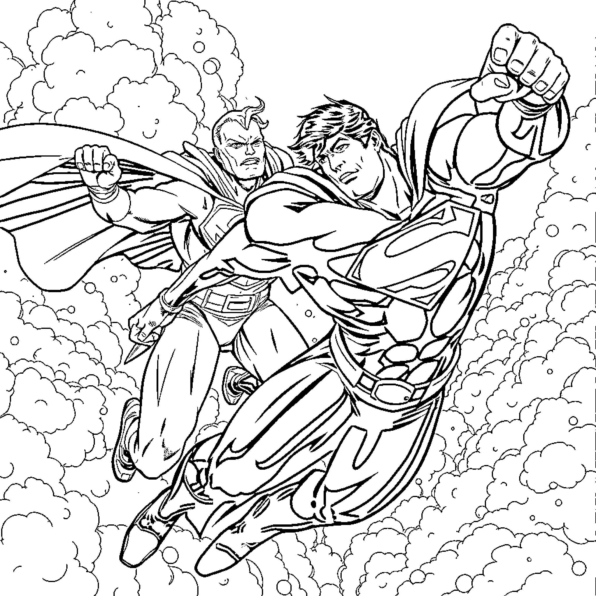 Homelander and Superman Clash in Epic Battle Coloring Page (free black-and-white line drawing printable PDF for all, from beginners to advanced learners, including children, teens, adults, and seniors)